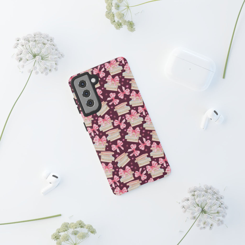 Coquette Pink Bows & Books Phone Case for iPhone 16 15 14 13 12  21 23 Samsung, and Pixel | Stylish Protective Cover Gift for Her Perfect for Floral Lover
