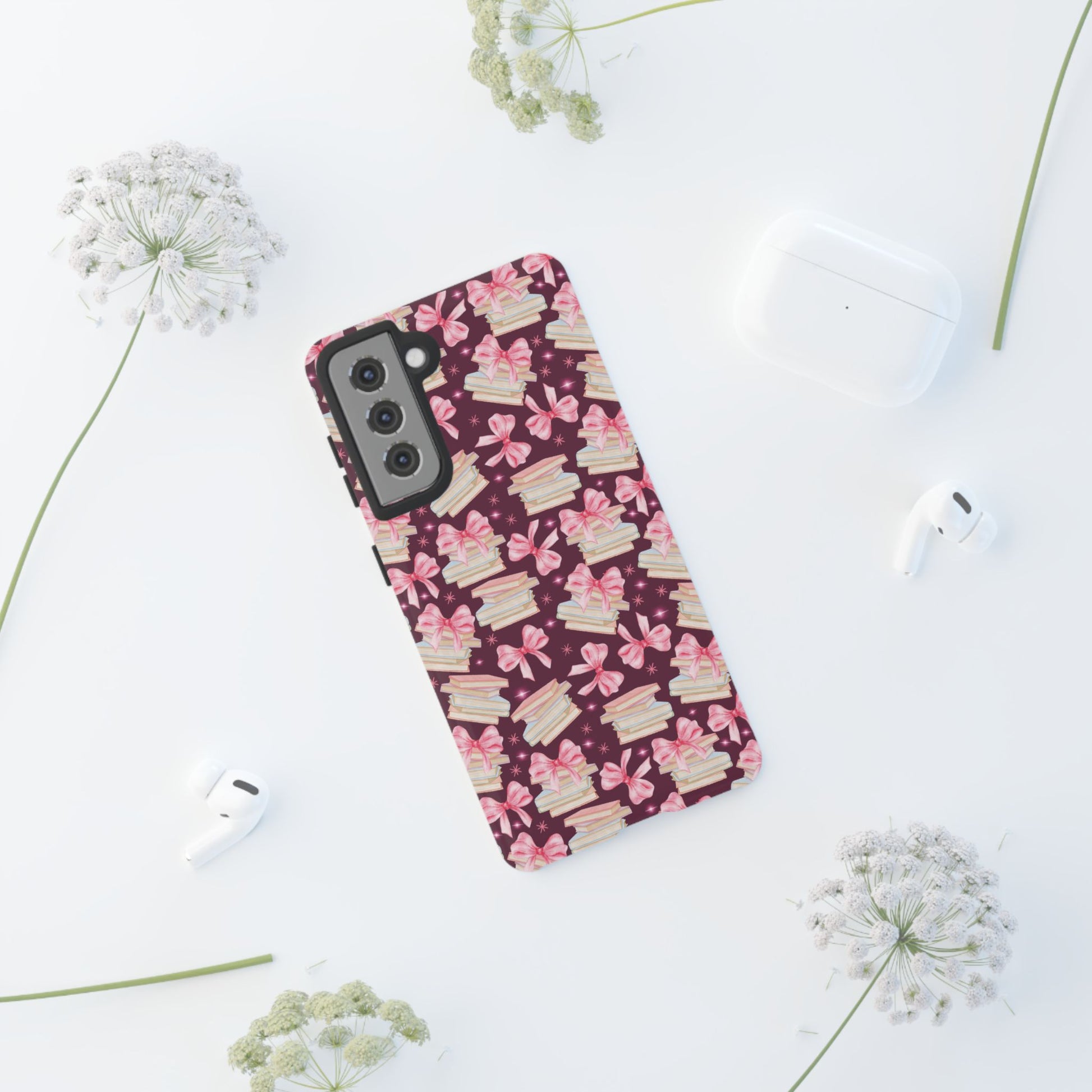 Coquette Pink Bows & Books Phone Case for iPhone 16 15 14 13 12  21 23 Samsung, and Pixel | Stylish Protective Cover Gift for Her Perfect for Floral Lover
