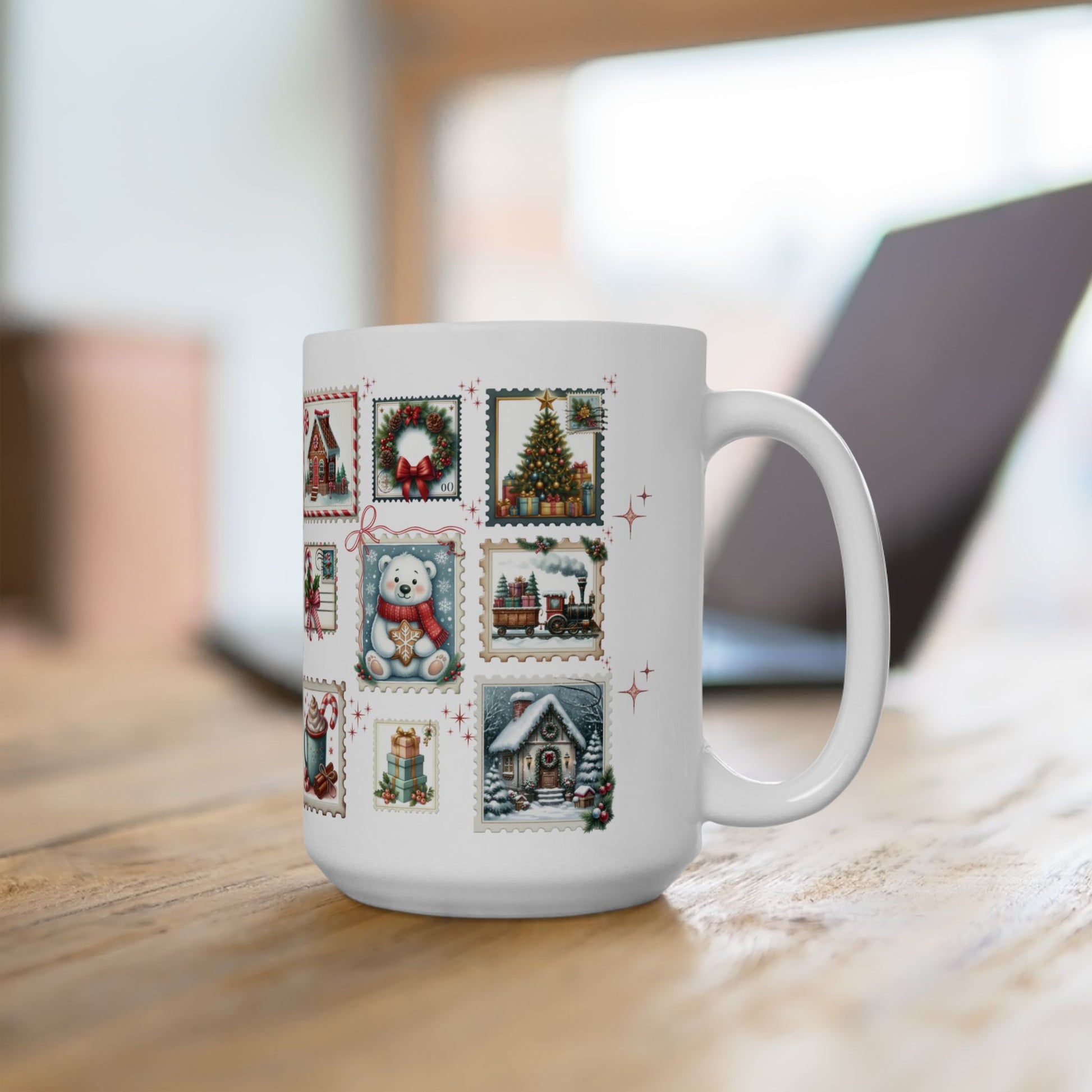 Christmas Postal Stamps Mug 15 and 11 oz Perfect for Coffee, Hot Chocolate and more