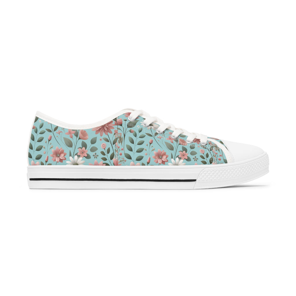 Aqua and Pink Floral Women's Low Top Sneakers Breathable Polyester Canvas, Lightweight Stylish Floral Pastel Design, Comfortable All-Day Wear, Perfect for Walking and Everyday Activities - MRSBYVALLE