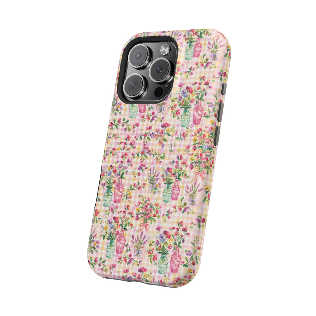 Turquoise & Pink Floral Checker Phone Case — Magnetic Impact-Resistant