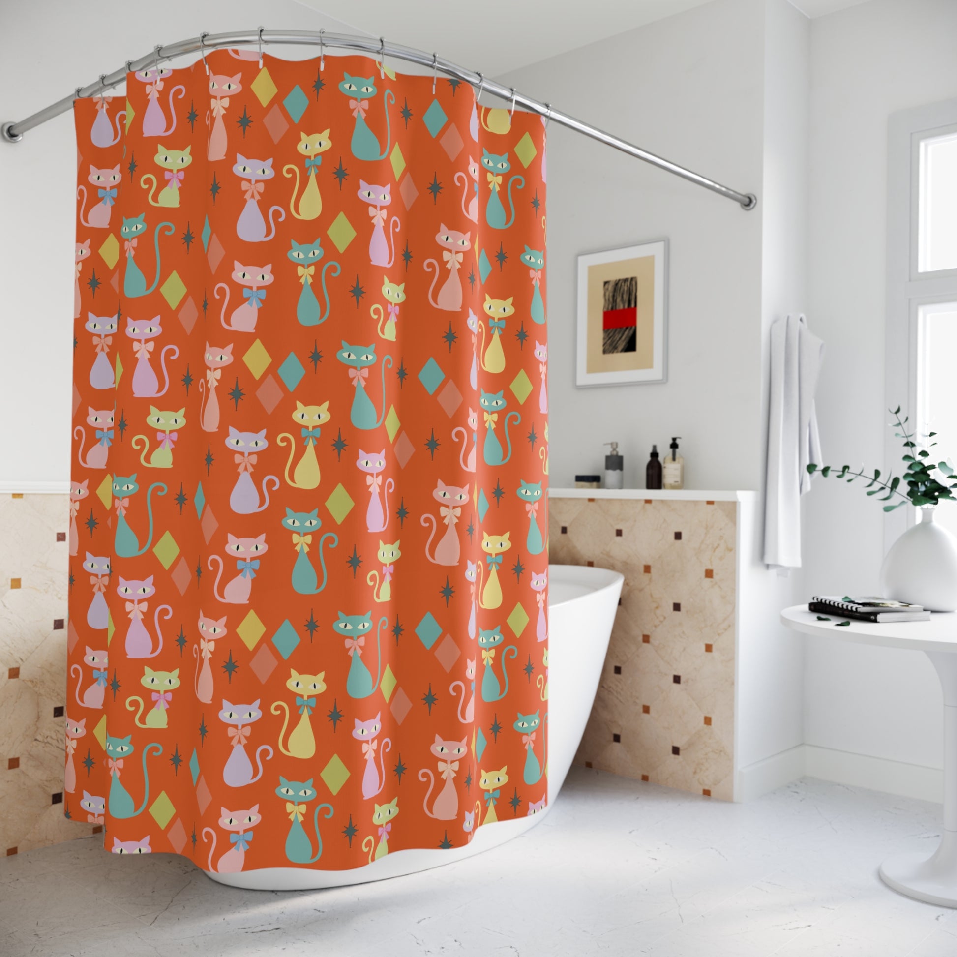 Atomic Cat Shower Curtain  Mid‑Century Modern Orange Retro Cat Bathroom Decor, Vintage Cat Lover Gift, 71×74 in Fabric Curtain Hooks Not Included