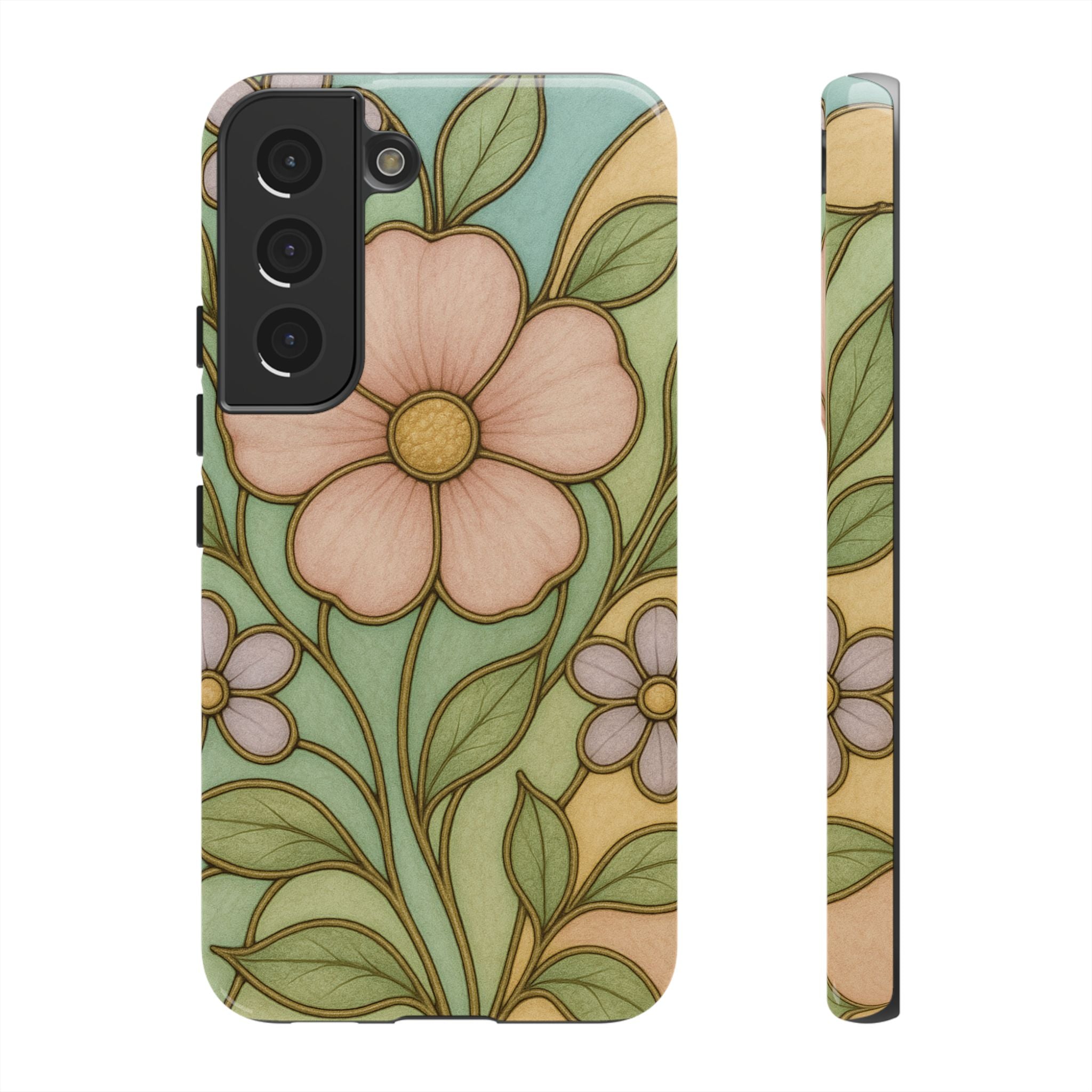 Pastel Pink, Yellow Stain Glass Illusion Floral Phone Case  Romantic Cottagecore Aesthetic, Soft Botanical Design, Protective Gift for Her, Fits iPhone & Samsung Models