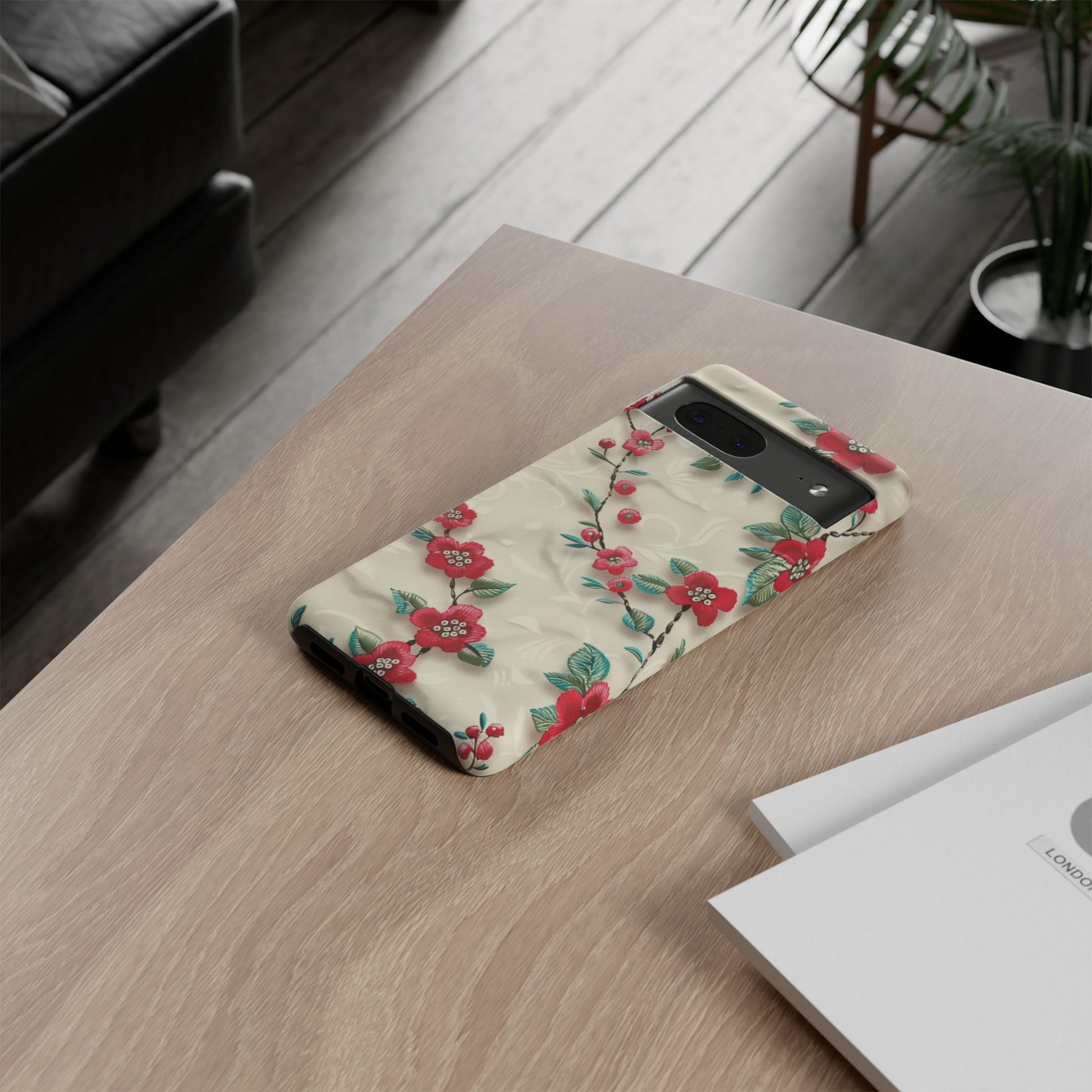 3D Embroidery Illusion Red Flowers Phone Case for iPhone, Samsung Pixel Artistic Floral Protection 15 14 13 12, 21 23 Gift for Her Perfect for Floral Lover