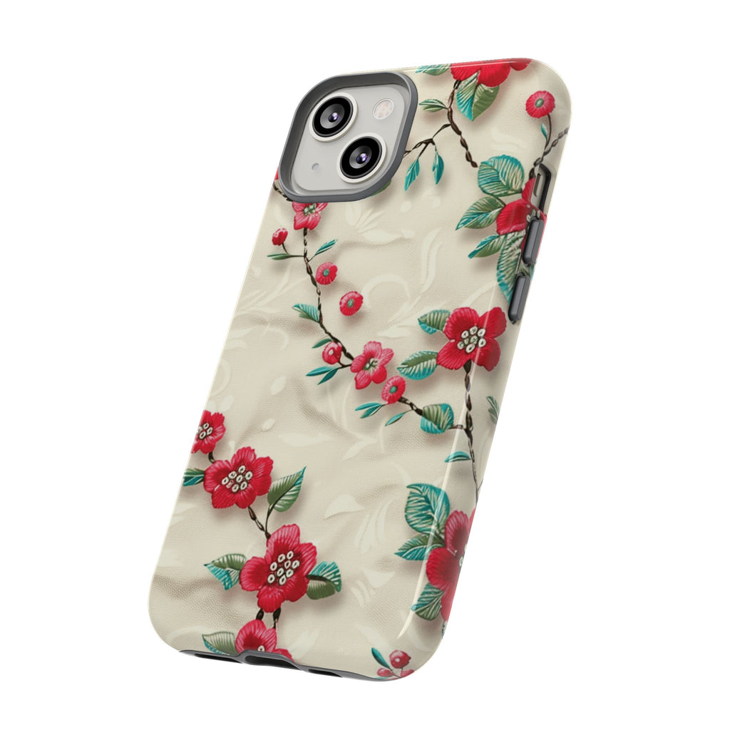 3D Embroidery Illusion Red Flowers Phone Case for iPhone, Samsung Pixel Artistic Floral Protection 15 14 13 12, 21 23 Gift for Her Perfect for Floral Lover