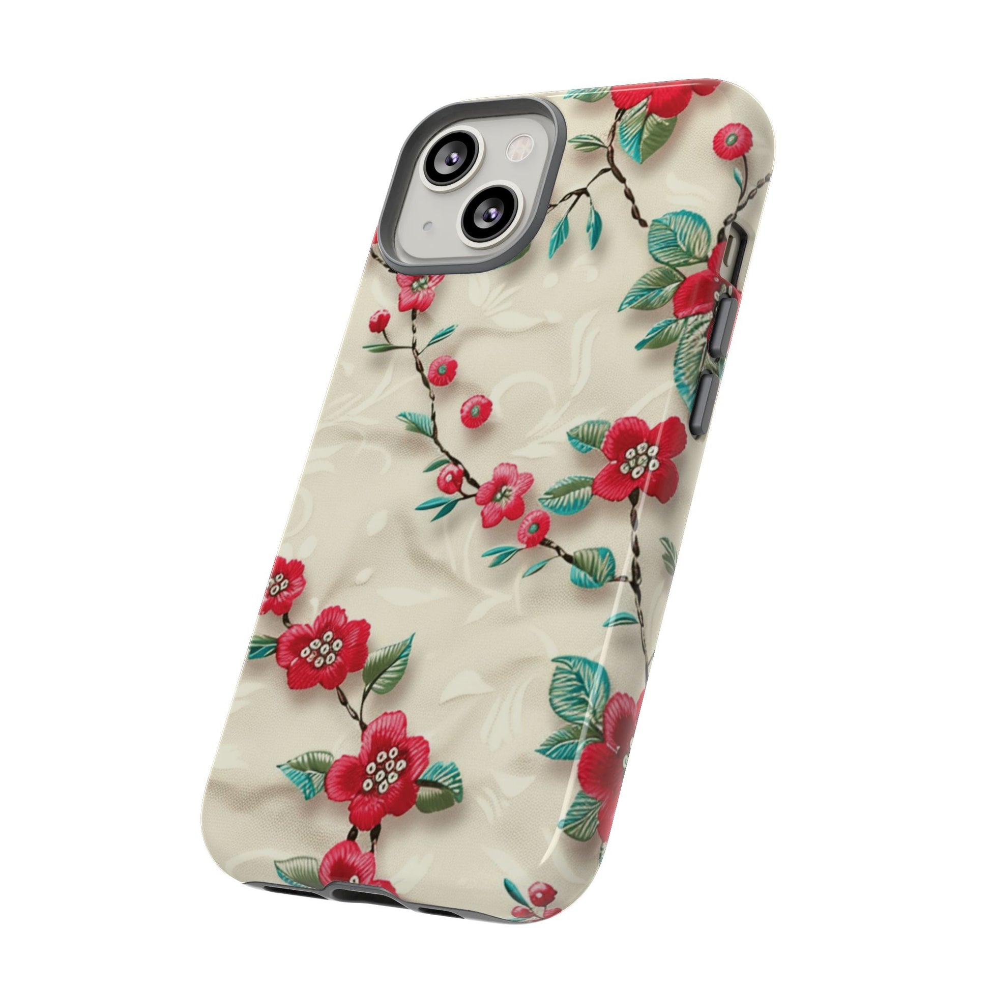 3D Embroidery Illusion Red Flowers Phone Case for iPhone, Samsung Pixel Artistic Floral Protection 15 14 13 12, 21 23 Gift for Her Perfect for Floral Lover