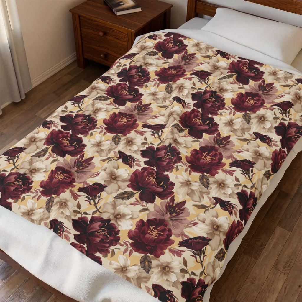 Velveteen Plush Blanket - Vintage Burgundy Rose Floral Throw Cottage