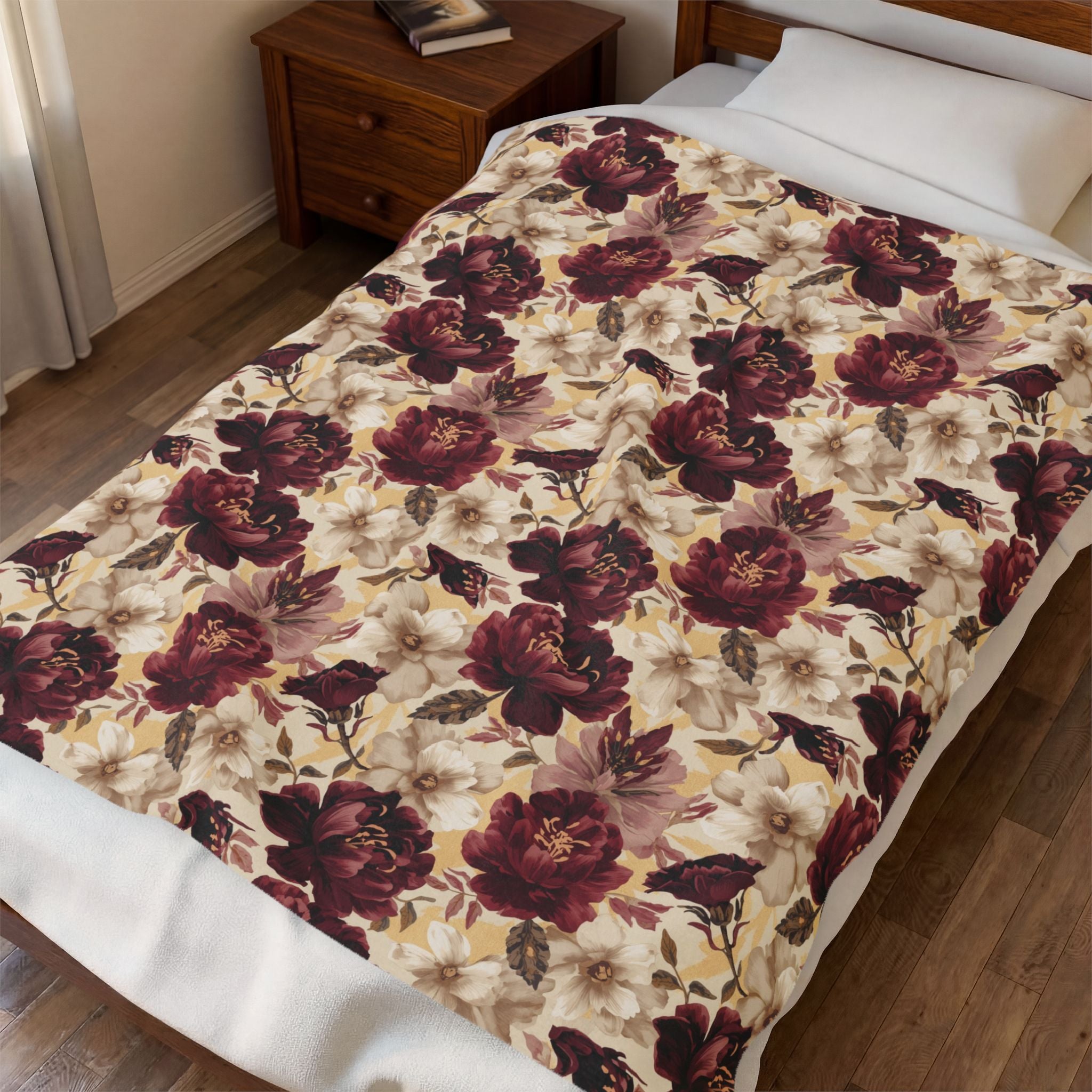 Velveteen Plush Blanket - Vintage Burgundy Rose Floral Throw Cottage