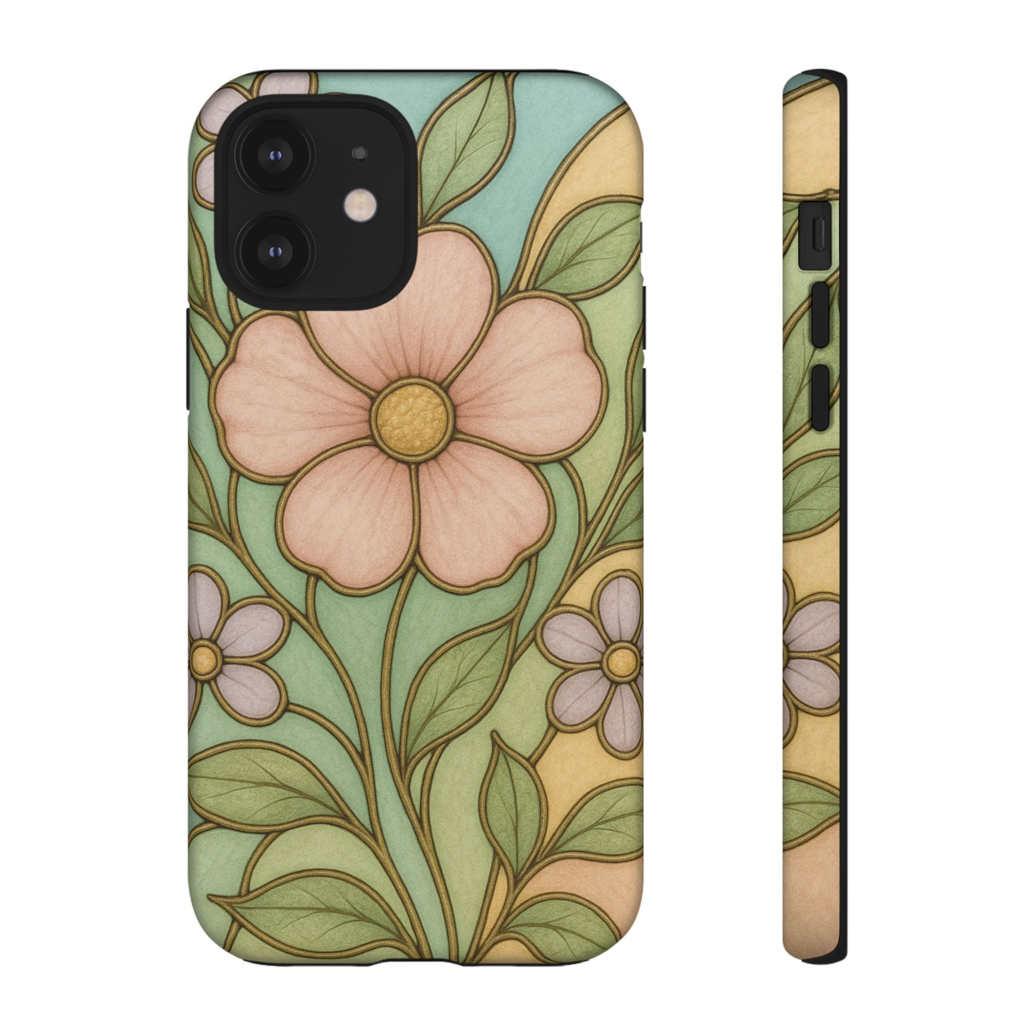 Pastel Pink, Yellow Stain Glass Illusion Floral Phone Case  Romantic Cottagecore Aesthetic, Soft Botanical Design, Protective Gift for Her, Fits iPhone & Samsung Models