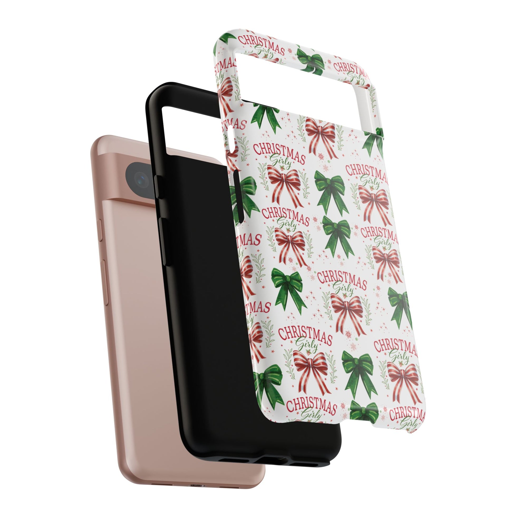 Girly Christmas Coquette Bows Pastel Phone Case for iPhone 17 16 15 23 Samsung, and Pixel | Stylish Protective Cover Gift for Her Perfect for Floral Lover
