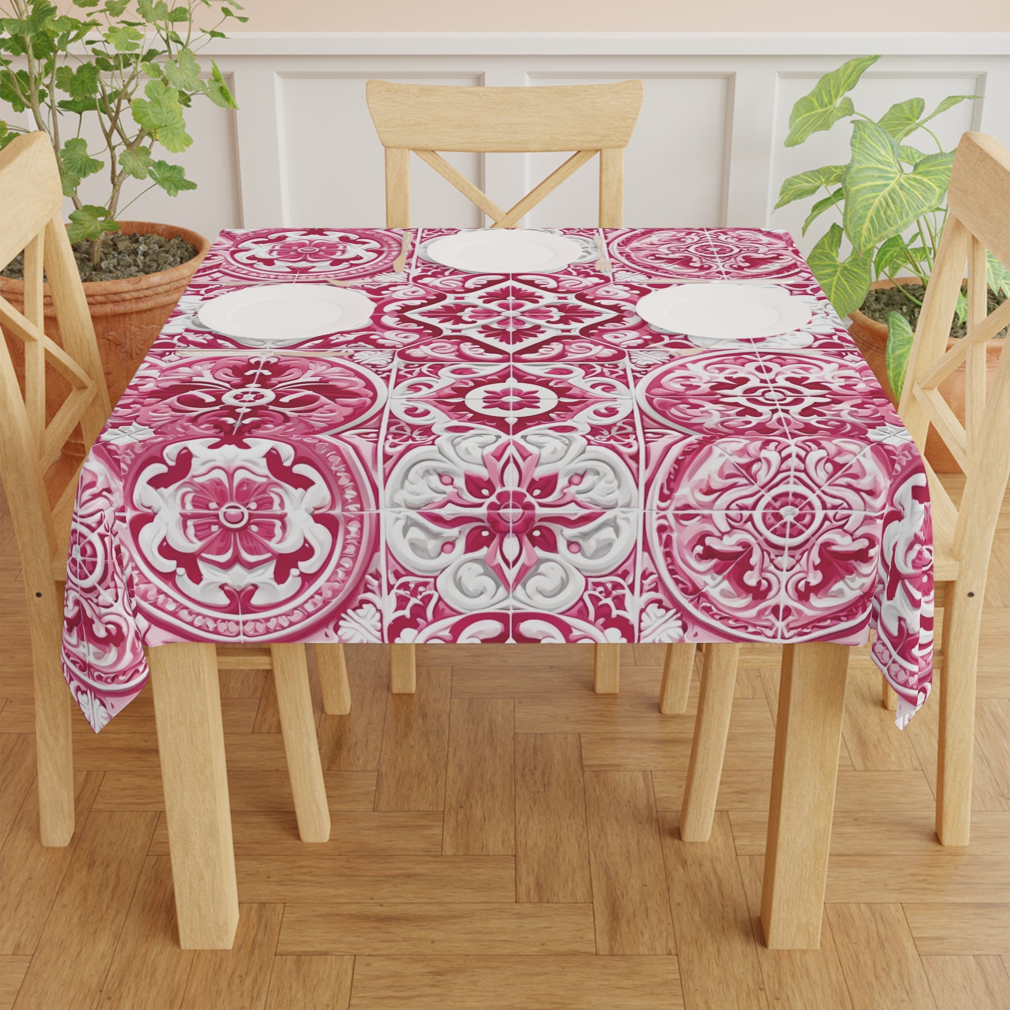 Elegant Pink and White Mediterranean Tile Design Tablecloth  Durable Table Cover, Perfect Gift for Housewarming, Parties, and Weddings all Events and Occasions - MRSBYVALLE