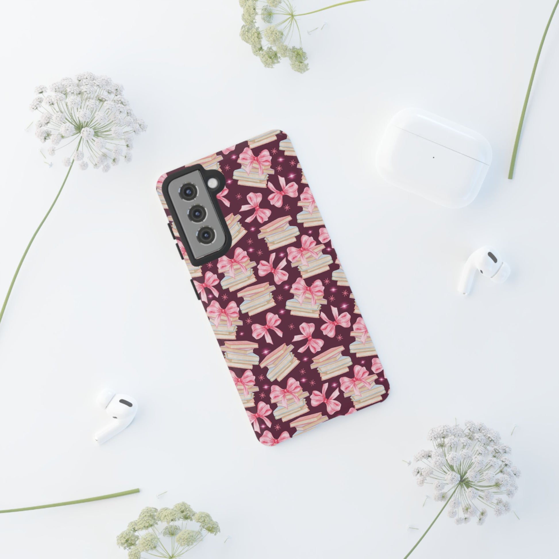 Coquette Pink Bows & Books Phone Case for iPhone 17 and Samsung, Pixel | Stylish Protective Cover Gift for Her Perfect for Floral Lover