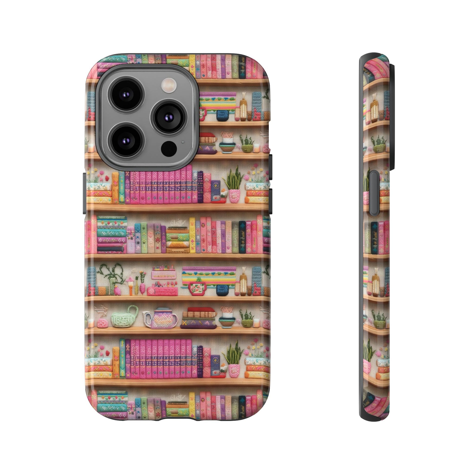 Whimsical 3D Embroidery Illusion Books on Pastel Shelves Phone Case for iPhone, Samsung & Pixel: Unique Accessory for Literary Enthusiasts Gift for Her Perfect for Floral Lover