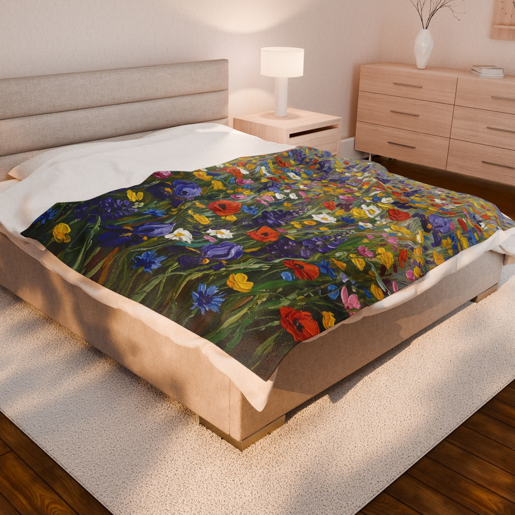Wildflower Meadow Oil Painting Blanket - Aesthetic Floral Minky Velveteen Plush Throw - Colorful Botanical Art Gift - Soft Luxury Garden Blanket