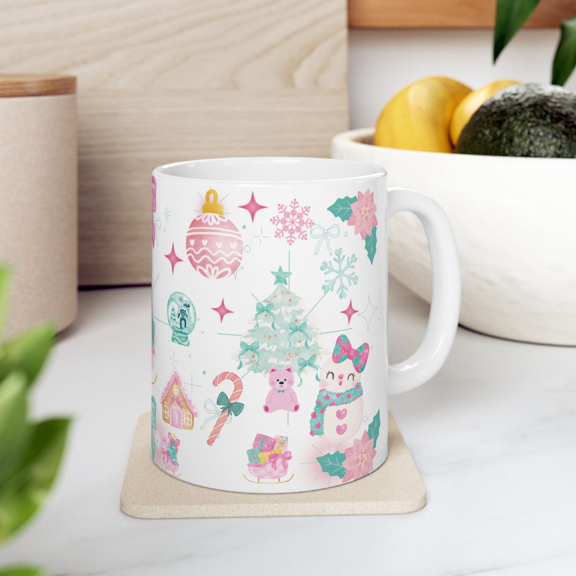 Glam Christmas Mug  Pink  Turquoise Holiday Coffee Cup, Festive Ceramic Mug in 11oz  15oz, Chic Gift for Hot Cocoa or Morning Lattes Mom