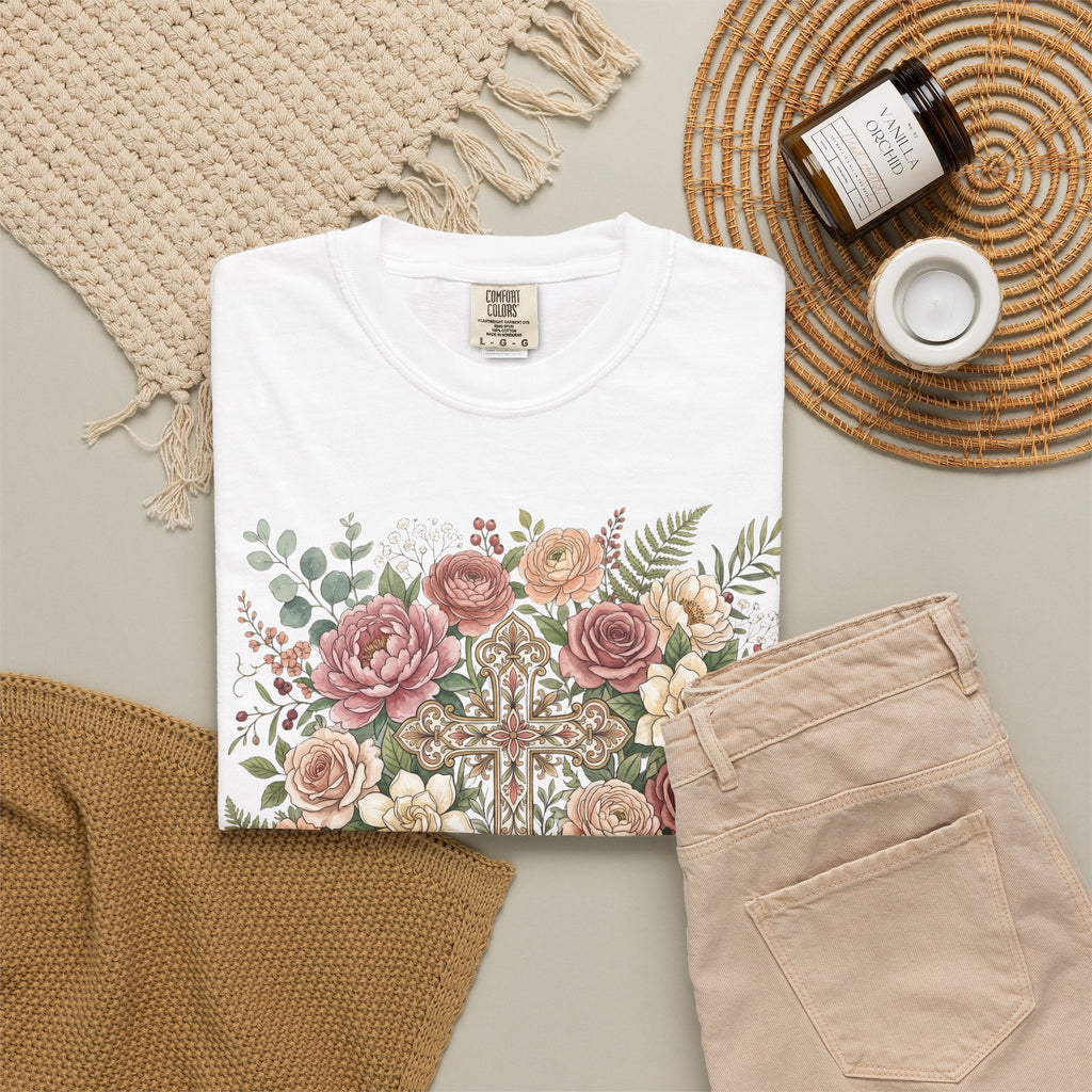 He Is Risen Floral Cross T-Shirt Christian Gift