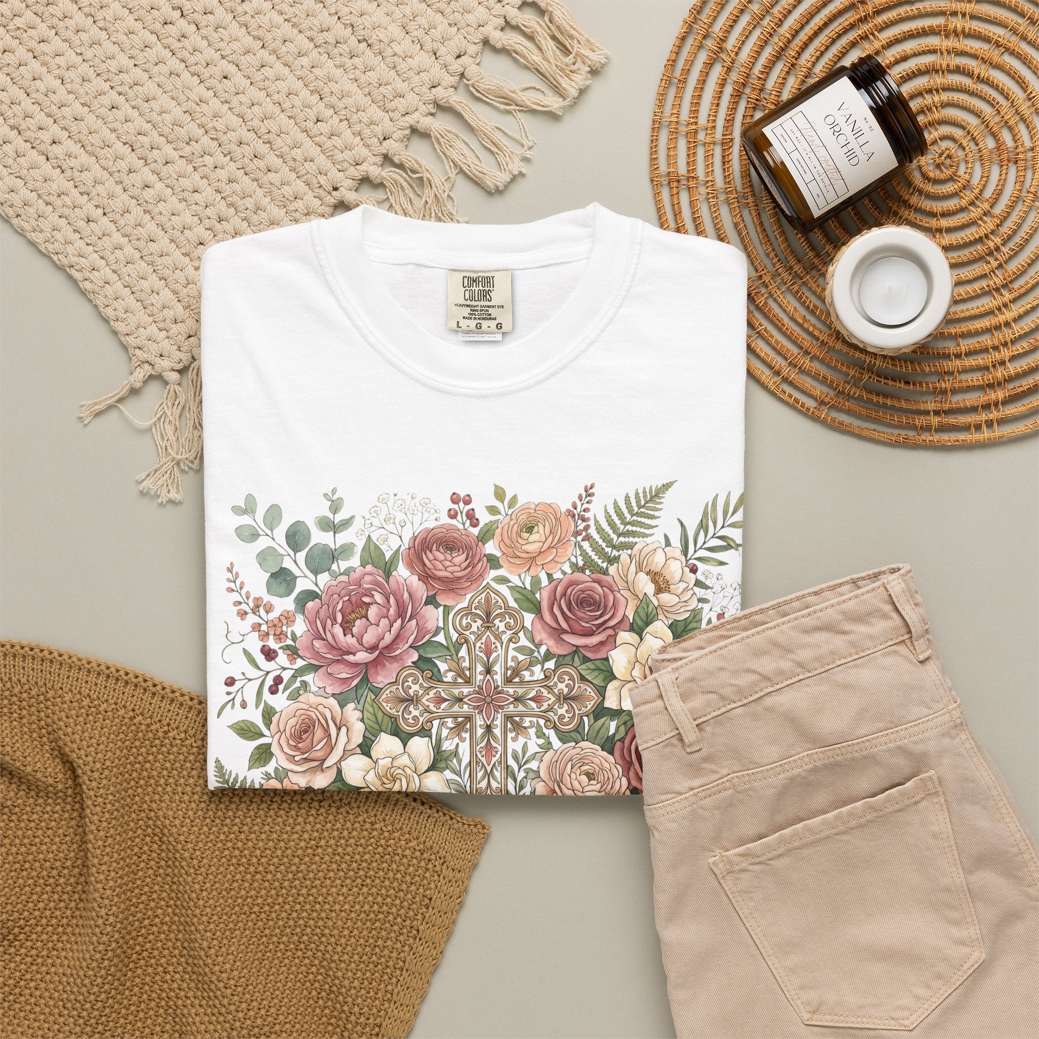 He Is Risen Floral Cross T-Shirt Christian Gift