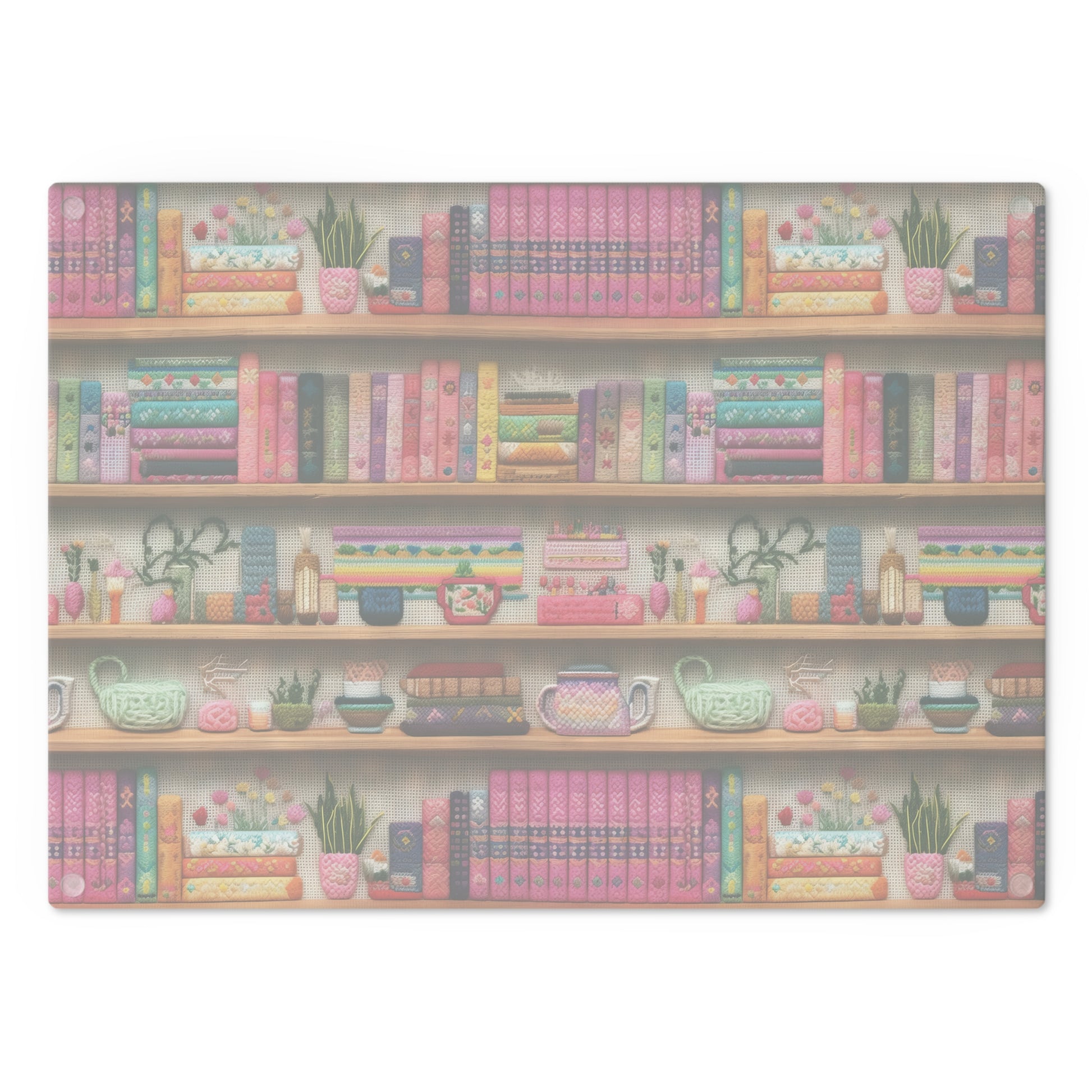 Charming 3D Embroidery Illusion Books on Pastel Shelves Glass Cutting Board Perfect for Book Lovers' Kitchens Cooking Kitchen Decor Housewarming, New House Gift - MRSBYVALLE