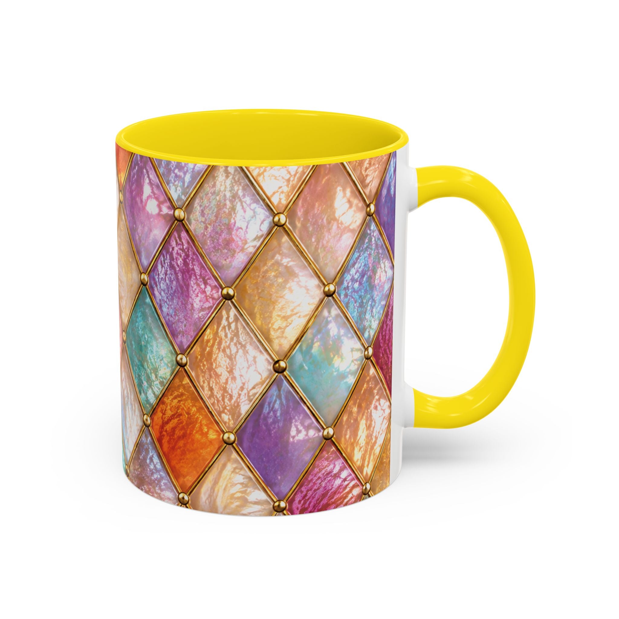 Colorful Jewel-Quilt Accent Coffee Mug — Vibrant Stained-Glass Pattern (11/15oz) Gift for her