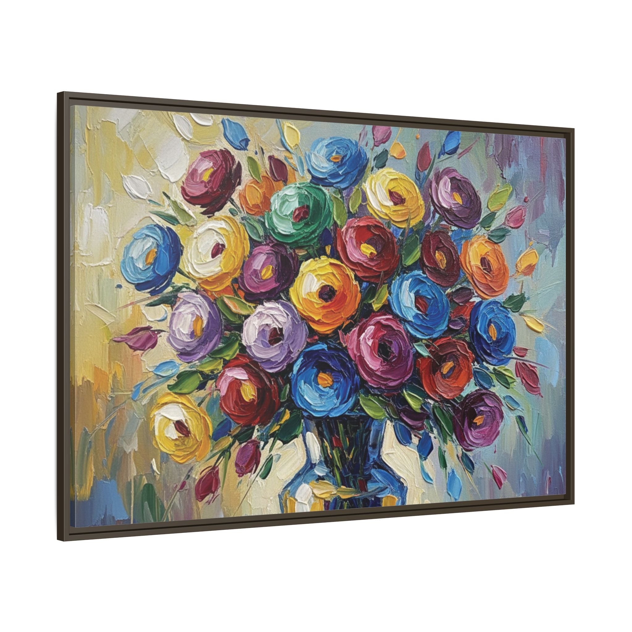 Impression sur toile bouquet floral aquarelle - Tableau mural encadré mat - Illusion de peinture à l'huile vibrante
