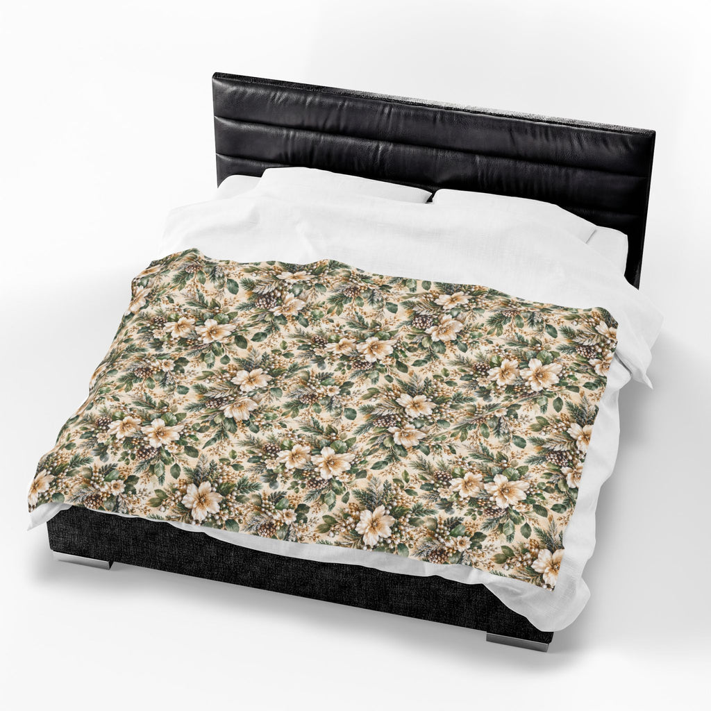 Sage Green & Champagne Floral Velveteen Plush Throw Blanket