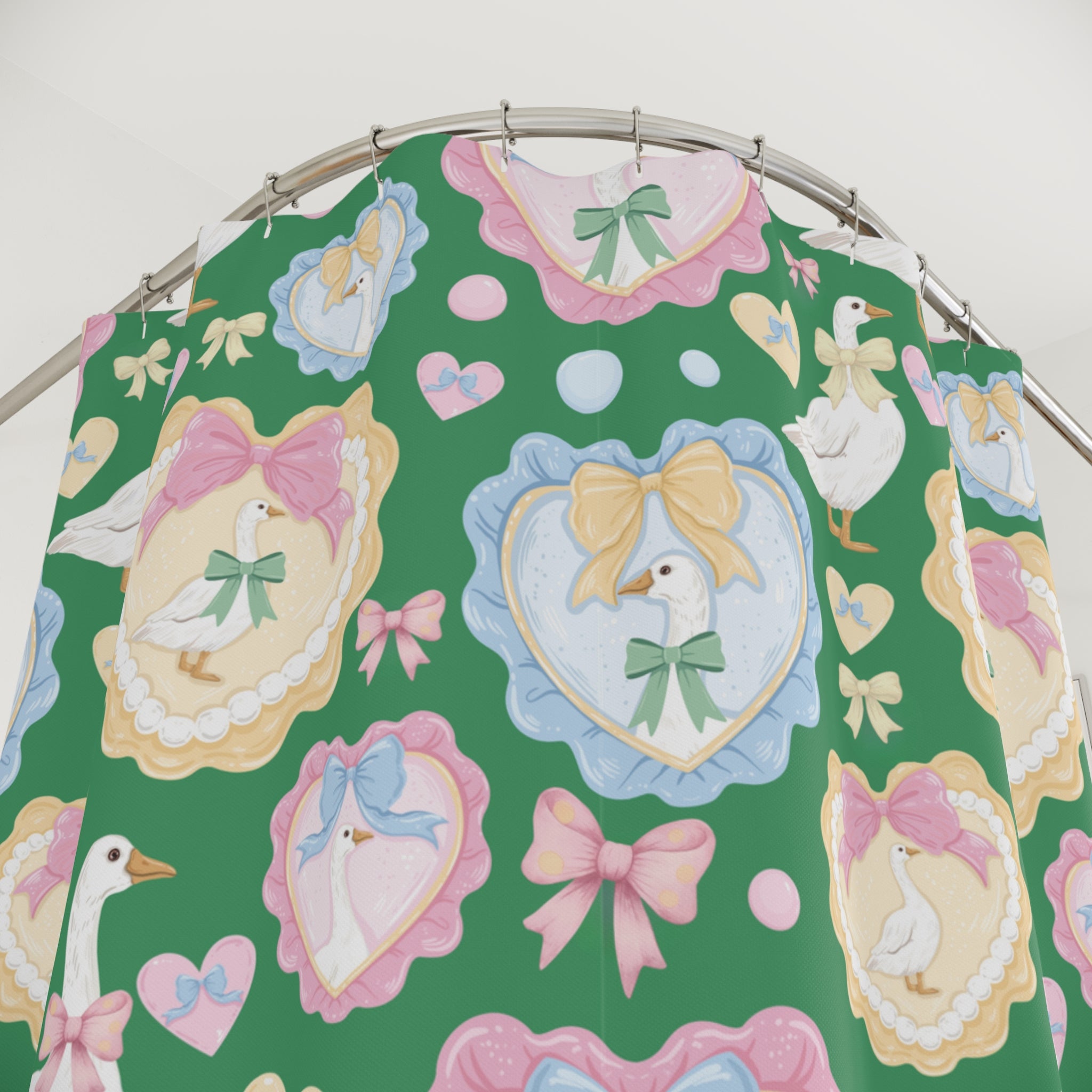 Green Silly Goose Shower Curtain with Pastel Bows & Hearts – Cozy Bathroom Decor