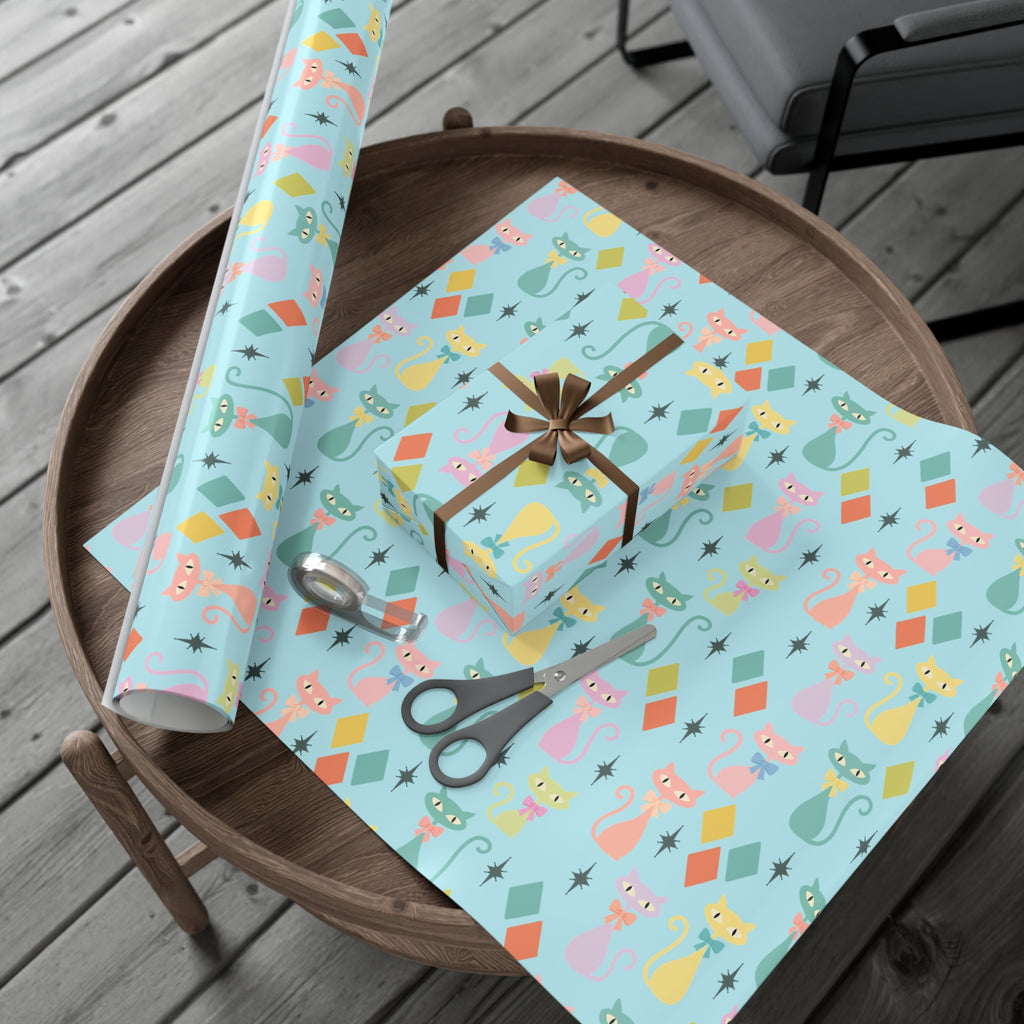 Papier cadeau chat atomique, papier cadeau rétro, motif chaton pastel du milieu du siècle, fêtes vintage 30x20, 30x72, 30x144 Parfait pour toutes les occasions