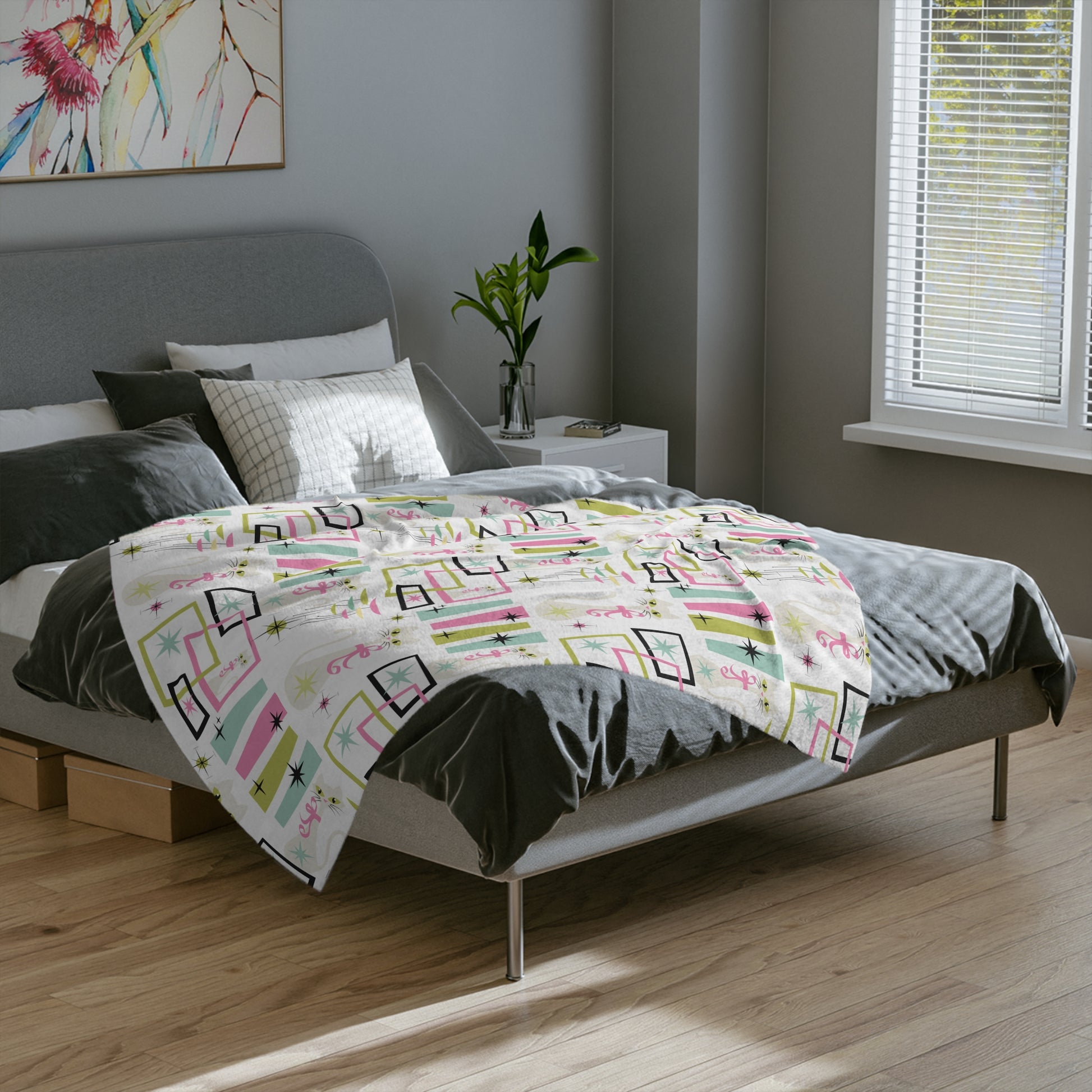 Pastel Atomic Kitty Cats Square Minky Blanket  Retro Mid-Century Modern Style for a Chic Throw in 60x50 & 80x60, Vintage Lightweight, Warm, Perfect for Home & Gift Giving Housewarming Gift Throw