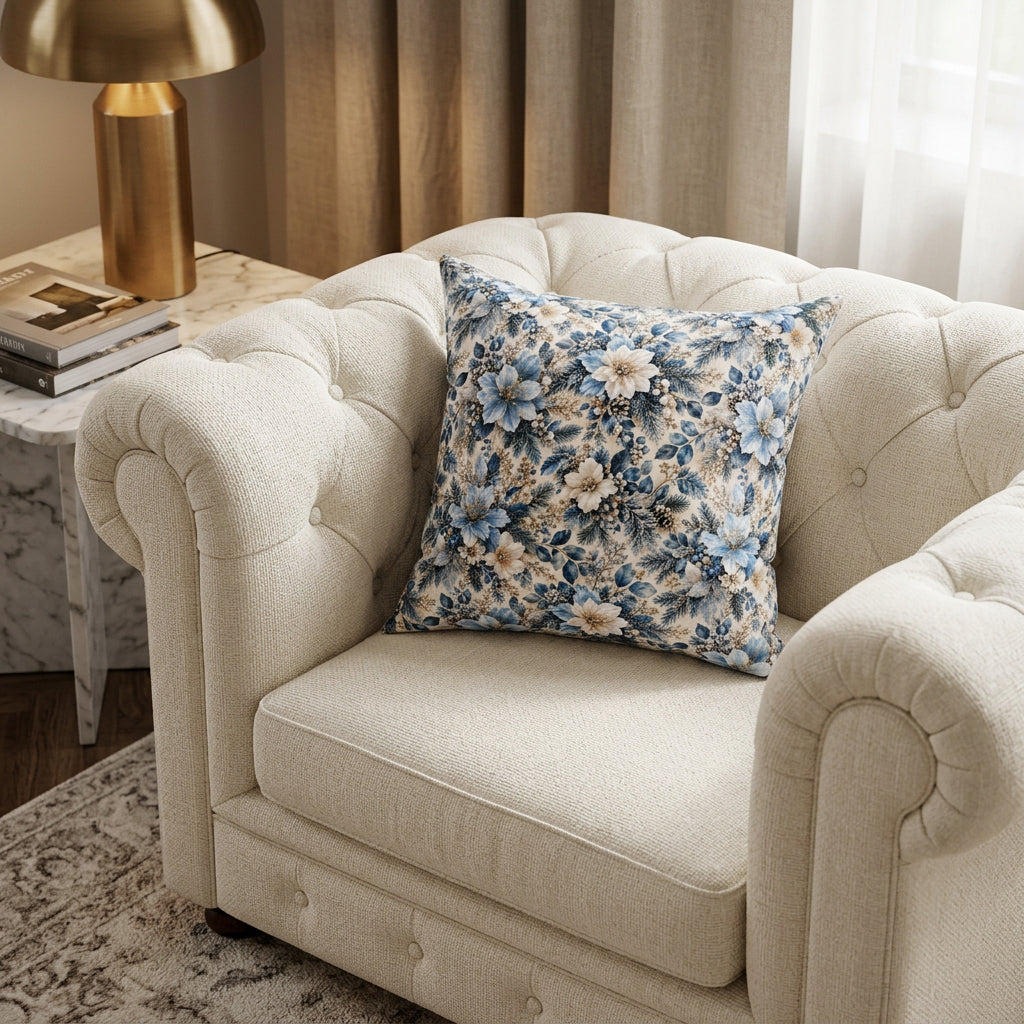 A square decorative throw pillow featuring a detailed floral and botanical pattern in shades of blue, cream, and beige on a white background.
