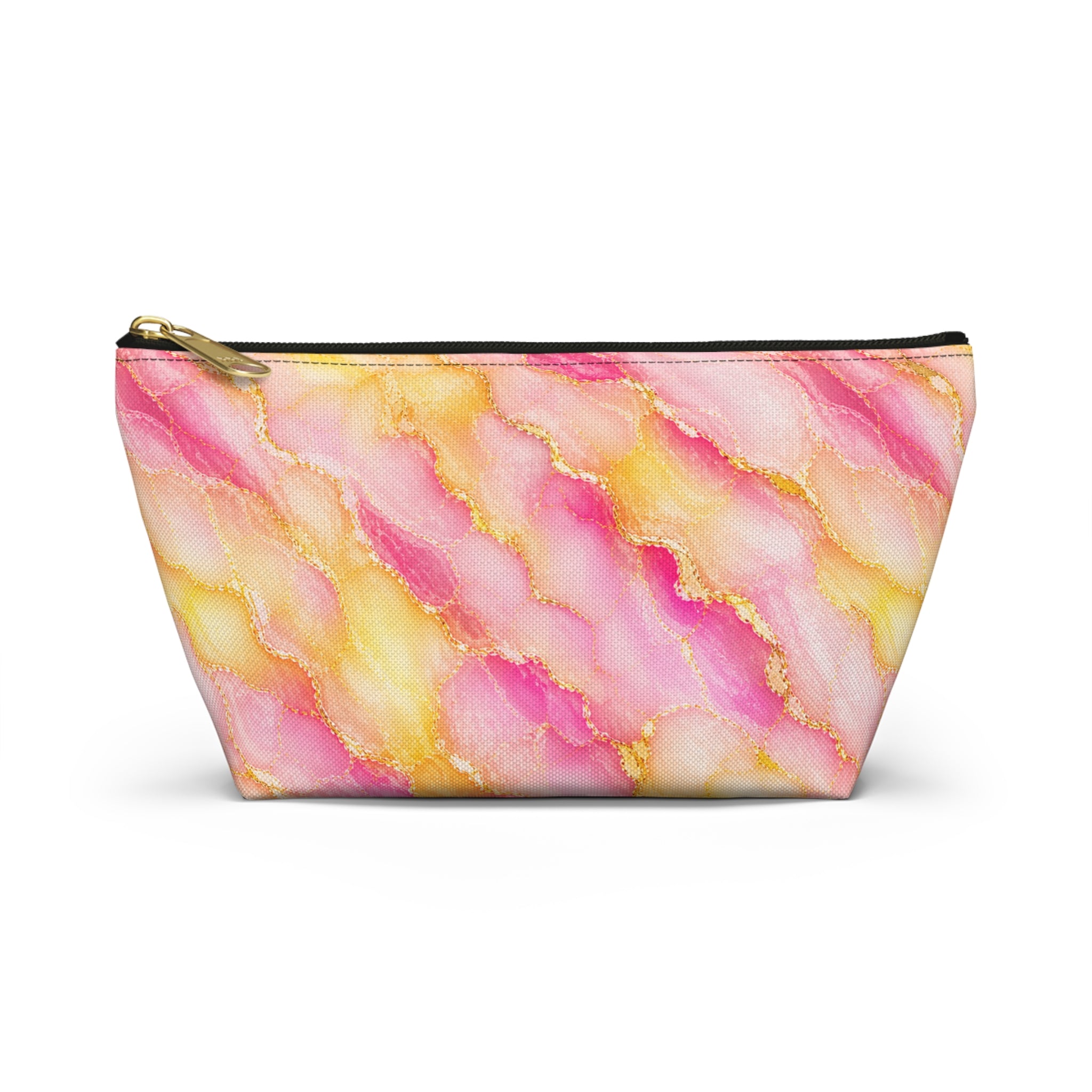 Pink & Gold Watercolor Marble Makeup Pouch — T‑Bottom Accessory Bag