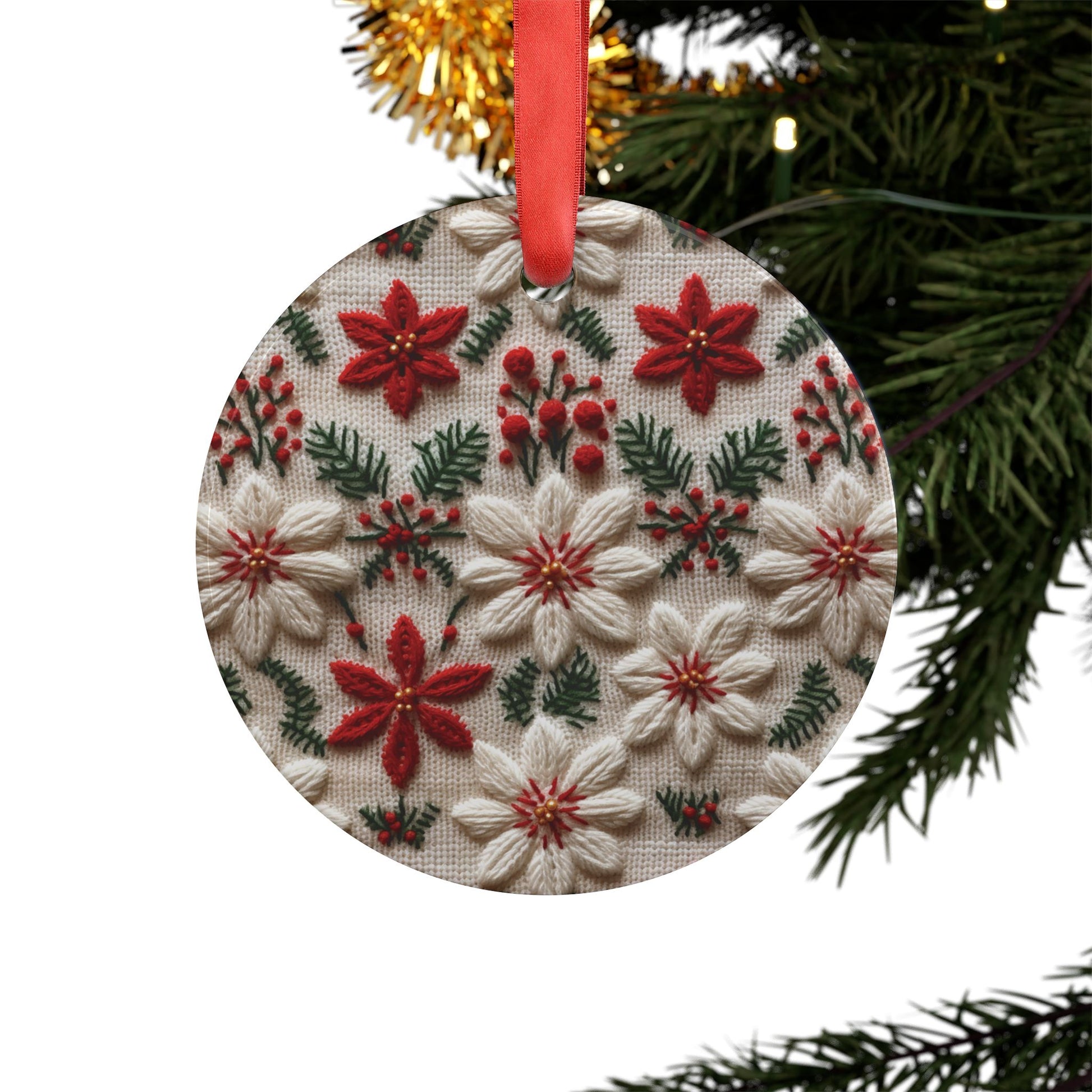 Charming 3D Knit Illusion Poinsettia Floral Ornament Festive Holiday Captivating Optical Illusion Perfect for Christmas Tree, Gift Acrylic with Ribbon Perfect Gift for Tree, Home, Holiday Keepsake Ideal for Tree Trimming - MRSBYVALLE