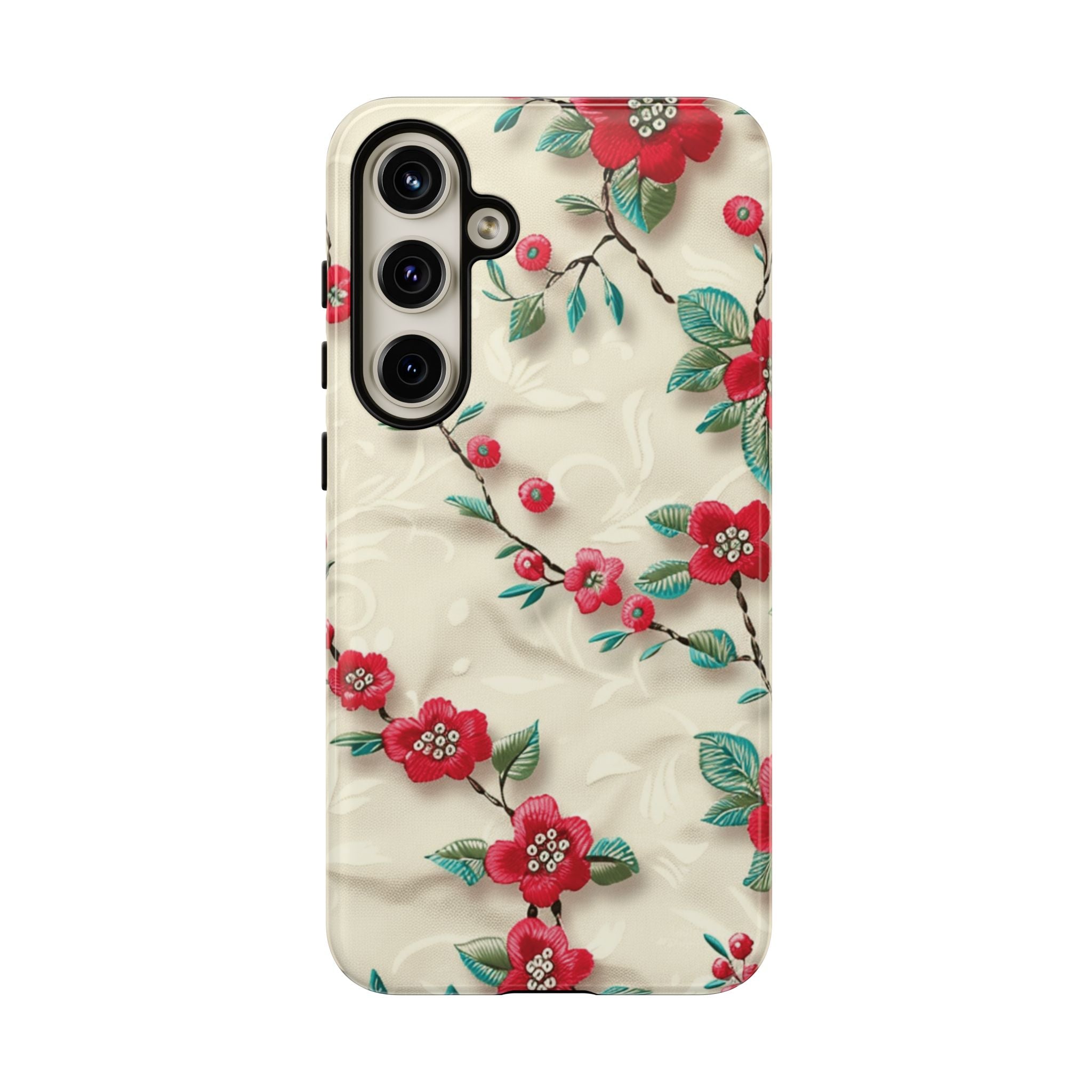 3D Embroidery Illusion Red Flowers Phone Case for iPhone, Samsung Pixel Artistic Floral Protection 15 14 13 12, 21 23 Gift for Her Perfect for Floral Lover