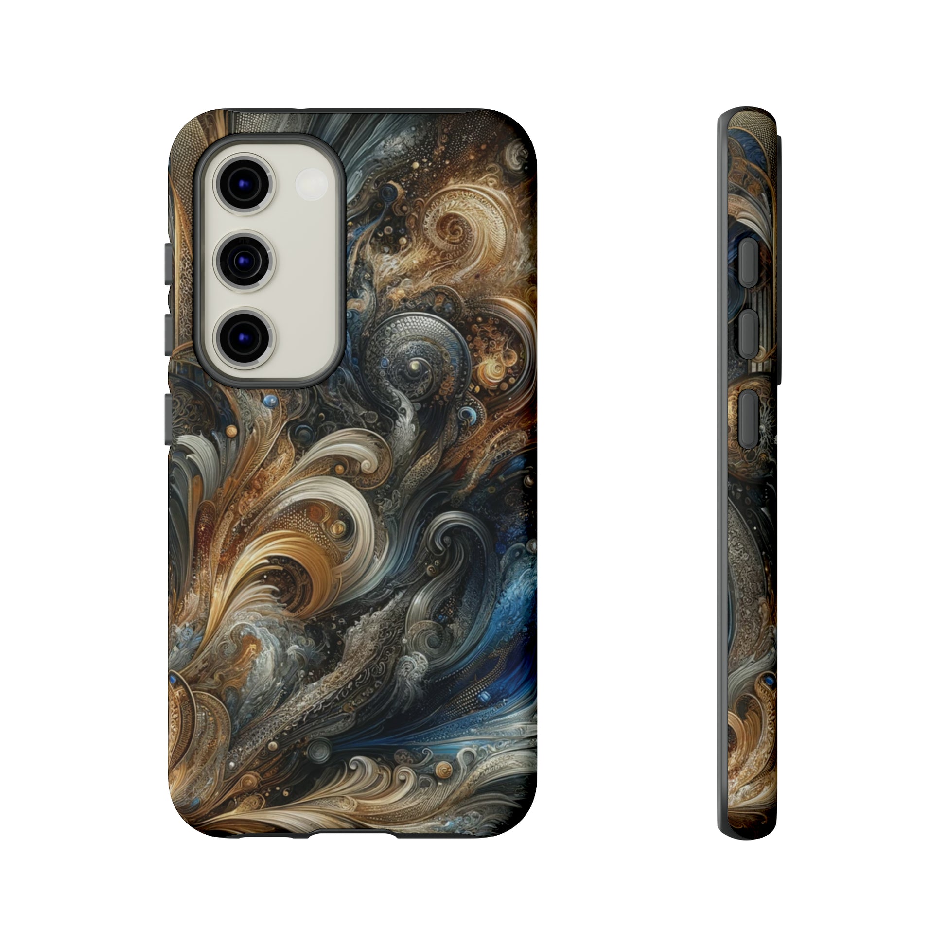 Gold and Navy Art Design Luxury Phone Tough Case Floral Elegant Durable Stylish for Modern Devices iPhone 15, Samsung iPhone Samsung Accessory Gift for Her.