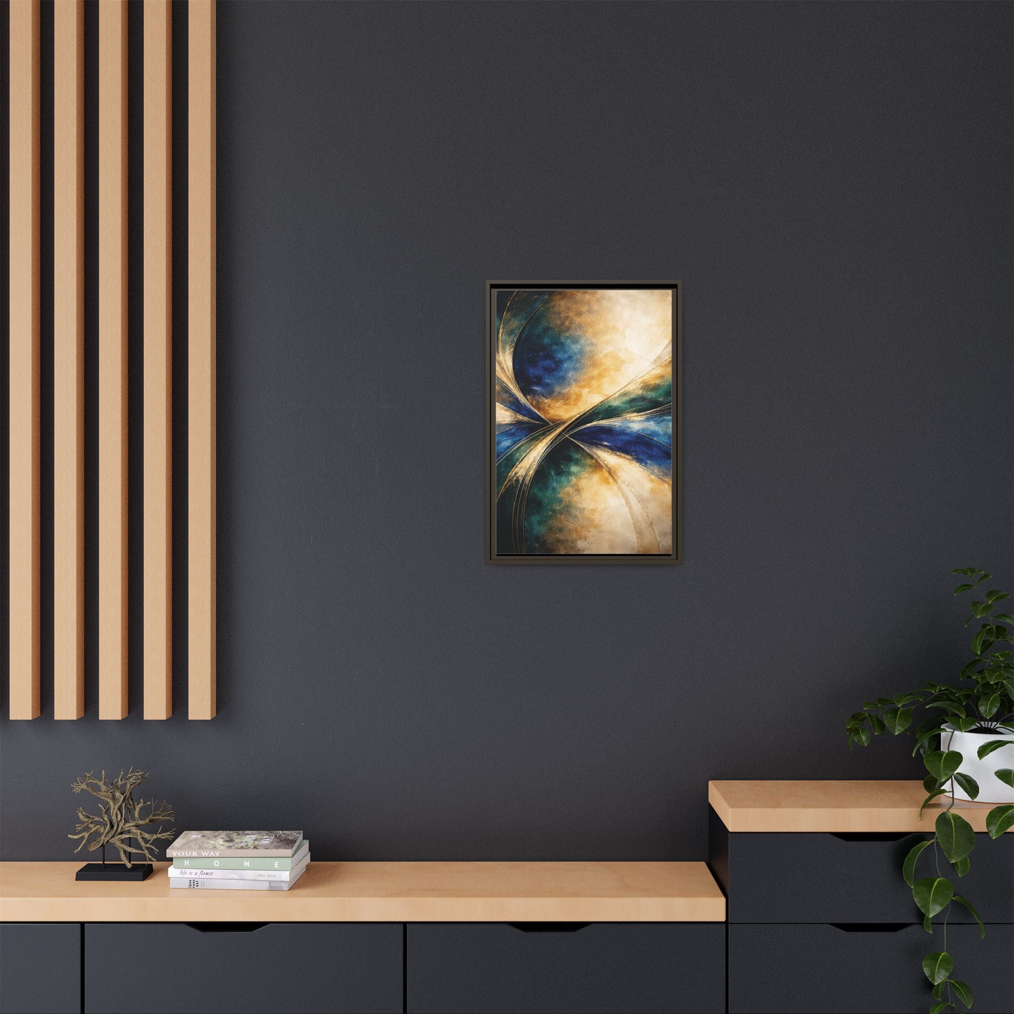 Gilded Convergence  Luxe NeoDeco Blue & Gold Abstract Wall Art Framed