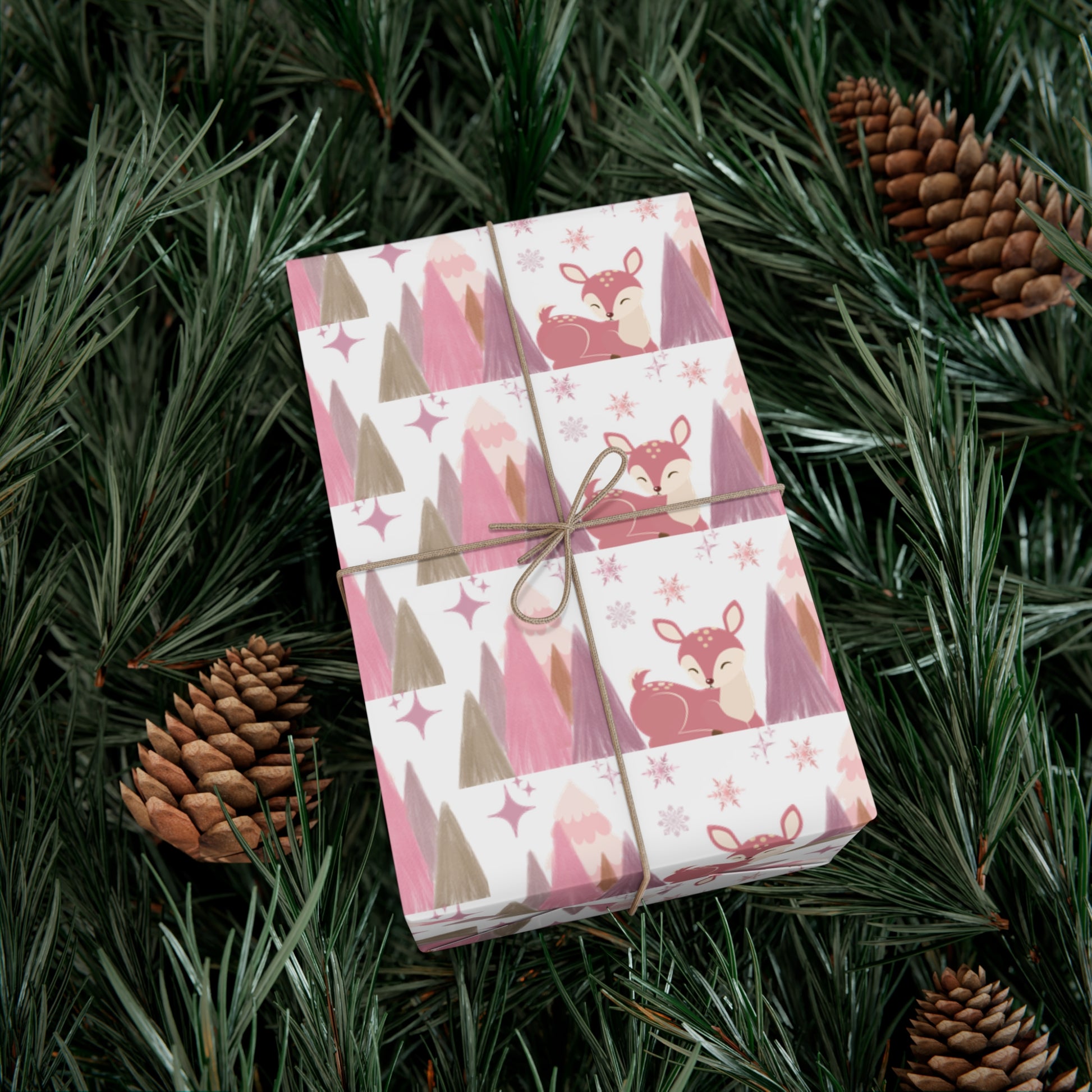 Pink and Lavender Deer Wrapping Paper, Whimsical Christmas Gift Wrap, Pastel Holiday Paper, Winter Wonderland Theme, Elegant Xmas Packaging