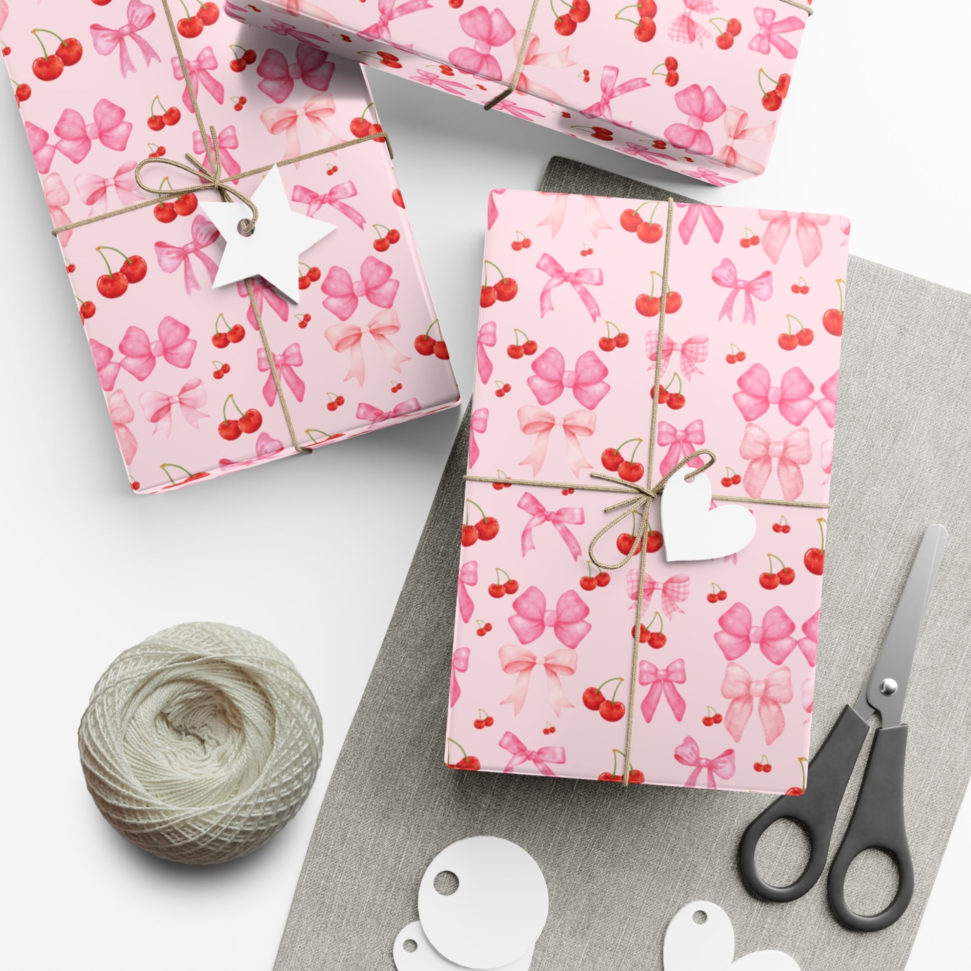 Pink Chic Coquette Wrapping Paper Pink Bows Cherries Elegance Perfect for Gifts Weddings, Bridal Baby Showers All Occasion.