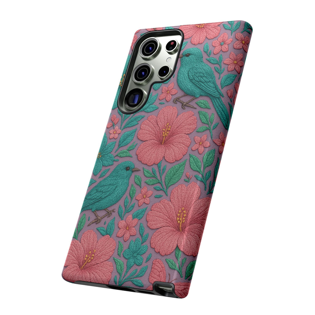 Turquoise, Pink and Lavender 3D Embroidery Illusion Phone Case Tropical Flowers, Birds & Butterflies Cover with Bold, Realistic Floral Texture iPhone, Samsung