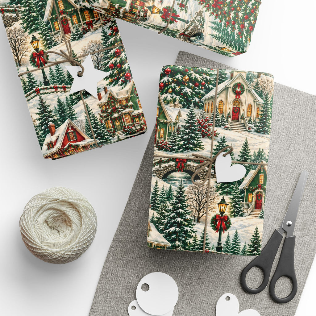 Vintage Christmas Village Gift Wrap Snowy Church & Cottage Wrapping Paper Rustic Holiday Present Wrap