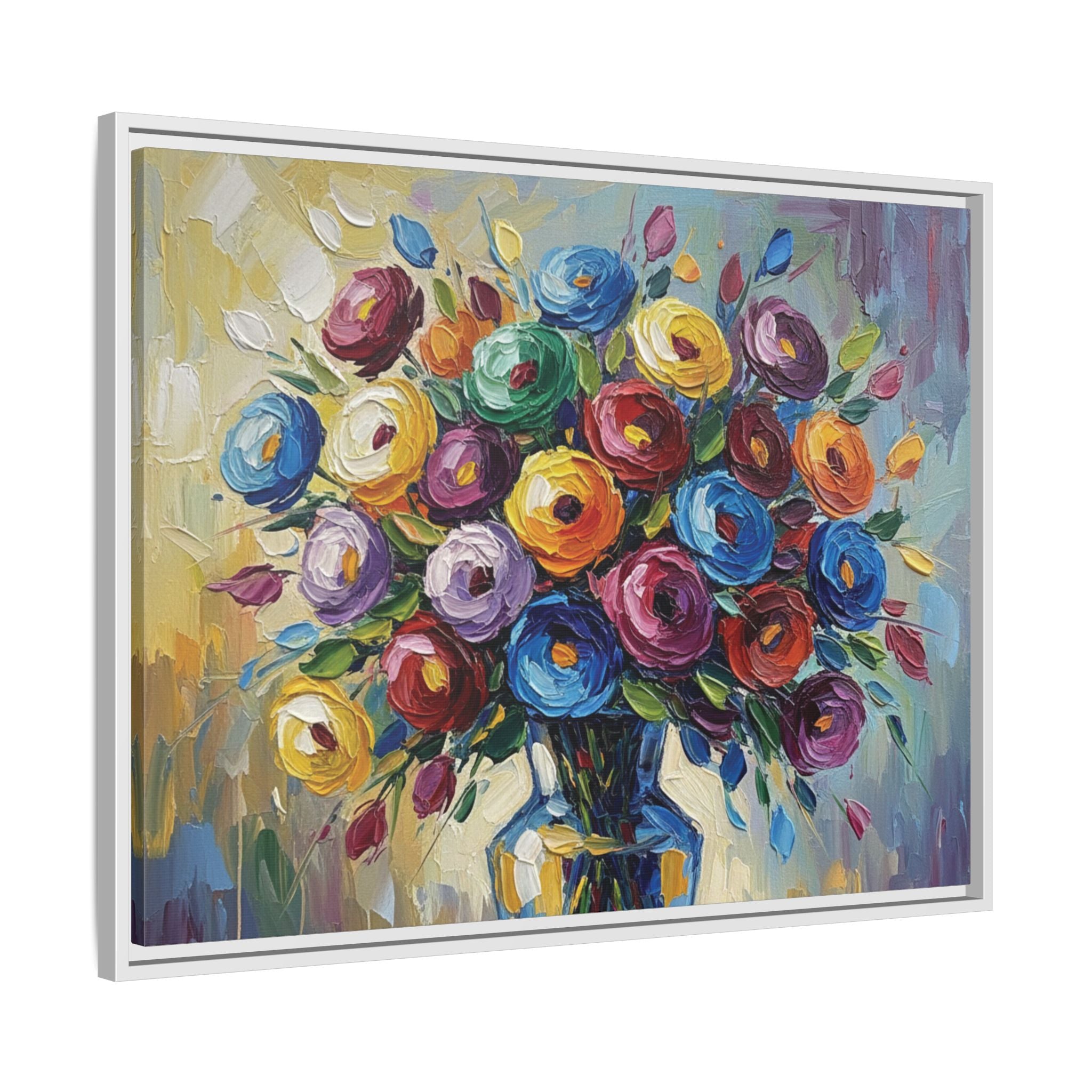 Impression sur toile bouquet floral aquarelle - Tableau mural encadré mat - Illusion de peinture à l'huile vibrante