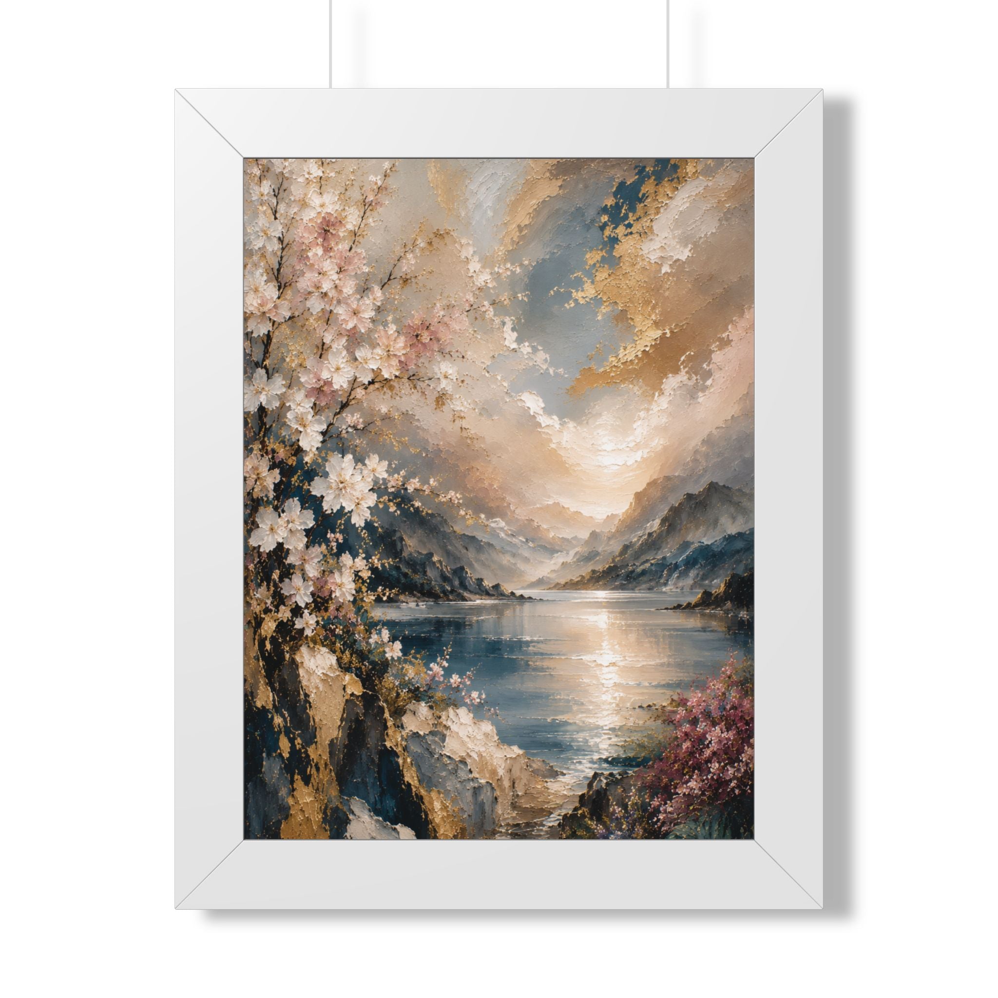 Sunlit Mountain Lake framed vertical poster | floral shoreline landscape
