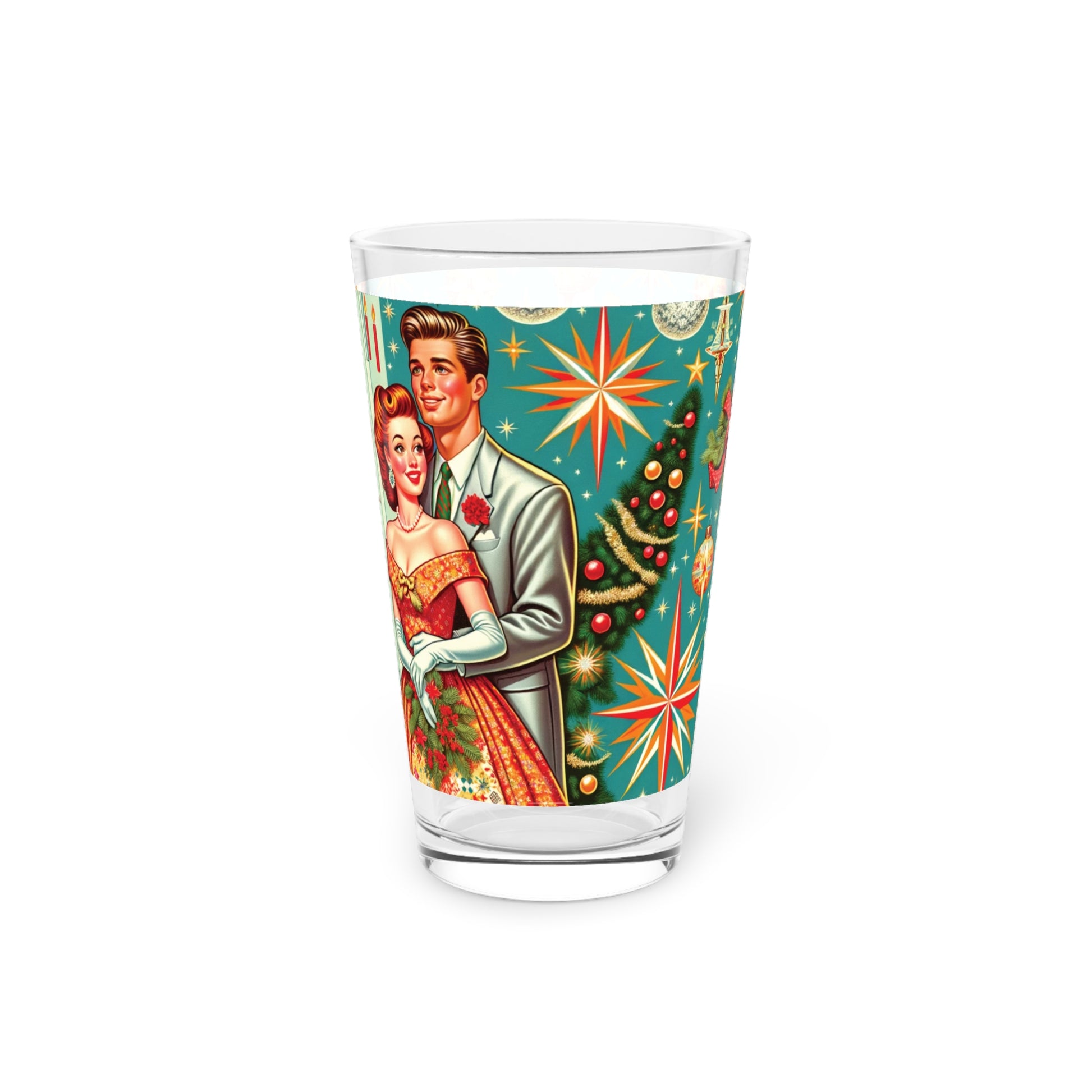 Retro Radiance 16 oz Pint Glass Featuring 50s Franciscan Diamond Starburst Kitsch Christmas Card Art Party Drinkware, Cocktail Glass Housewarming Perfect Gift Party Drinkware, Cocktail, Wedding Perfect for Parties - MRSBYVALLE