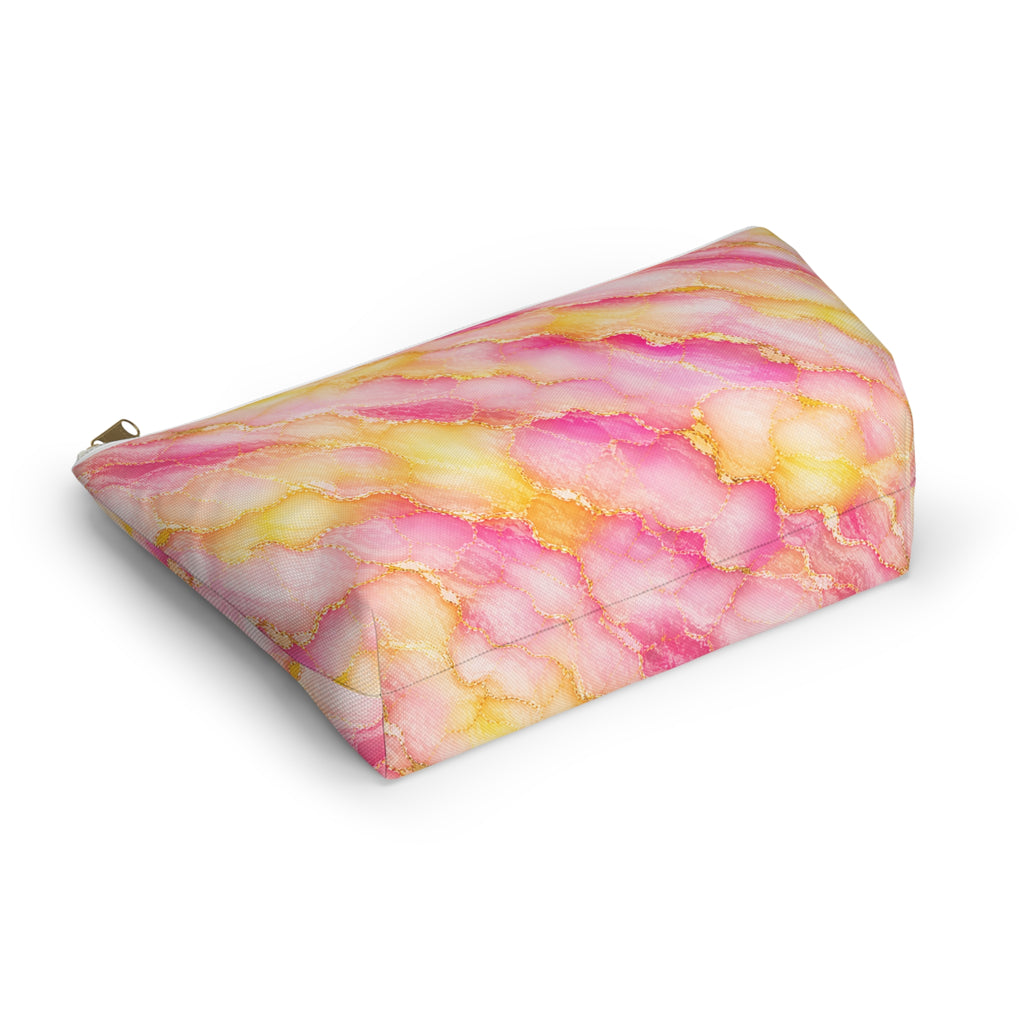 Trousse de Maquillage en Marbre Aquarelle Rose et Or – Sac à Accessoires à Fond Plat