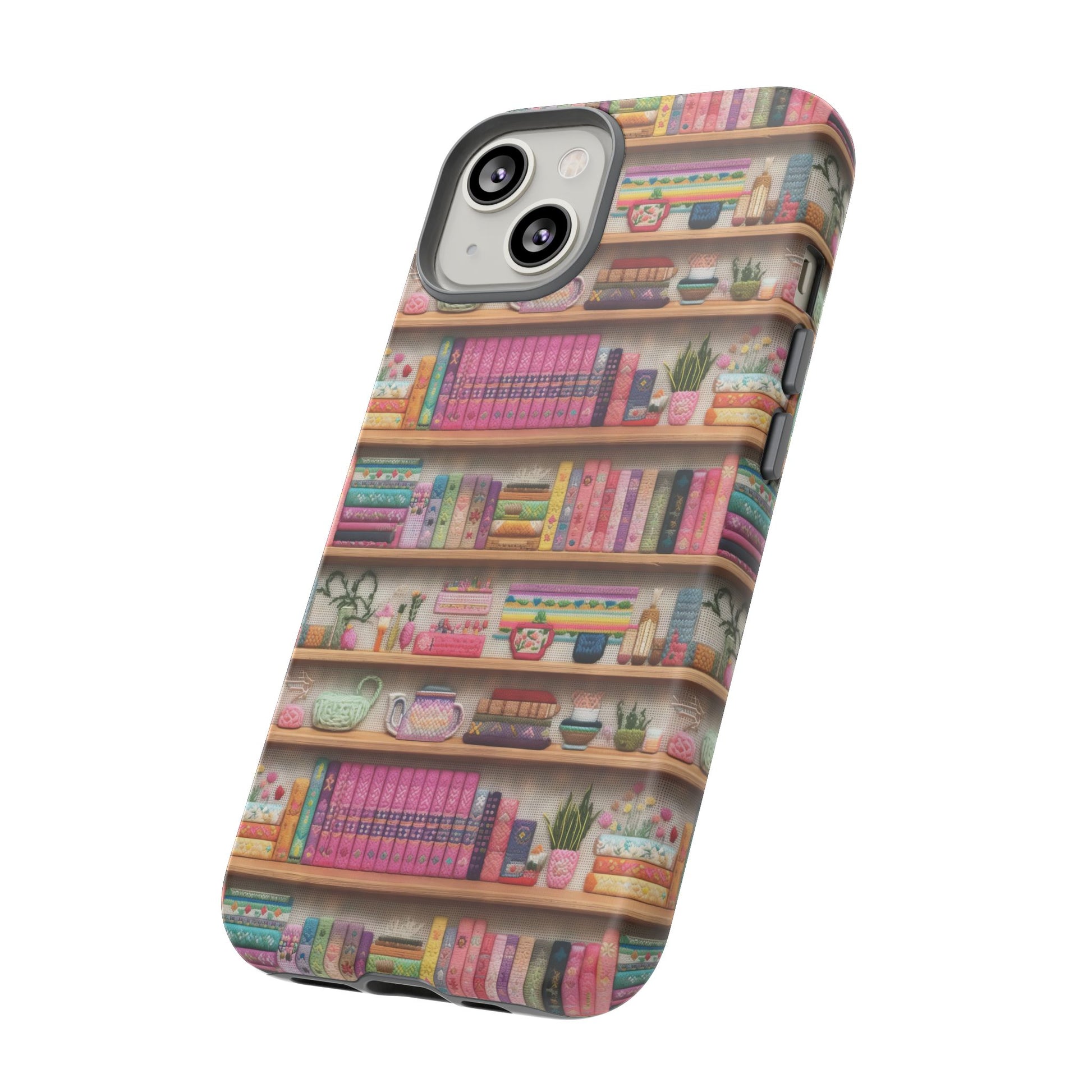 Whimsical 3D Embroidery Illusion Books on Pastel Shelves Phone Case for iPhone, Samsung & Pixel: Unique Accessory for Literary Enthusiasts Gift for Her Perfect for Floral Lover
