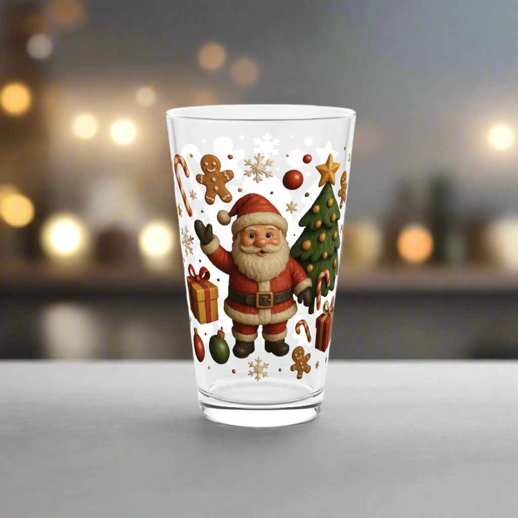Santa & Christmas Tree Pint Glass  16oz Holiday Drinkware with Gifts, Candy Canes, Gingerbread, Ornaments – Perfect for Cocoa or Mocktails