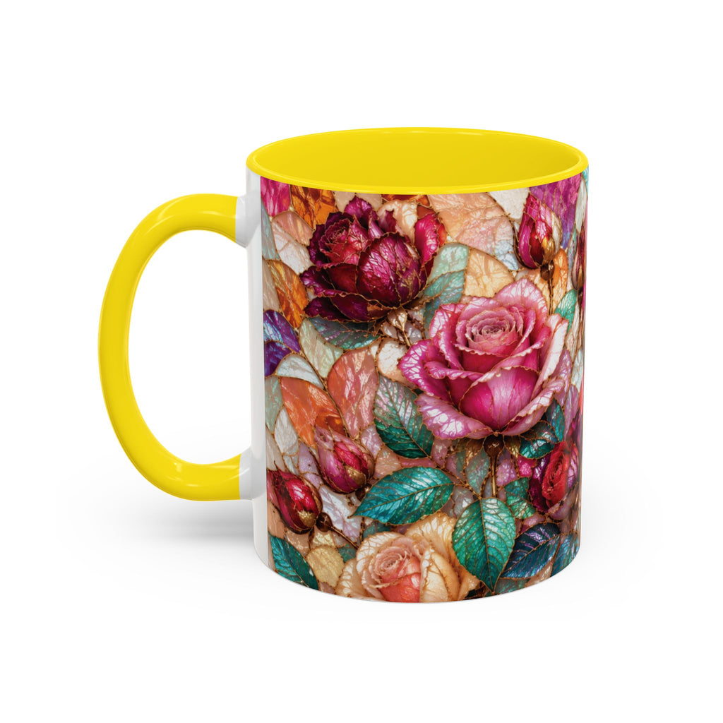 Floral Stained-Glass Accent Coffee Mug Colorful Rose Pattern (11/15 oz) Gift for Her