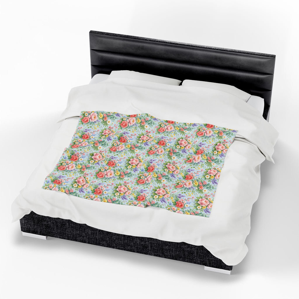 Icy Blue Watercolor Floral Velveteen Plush Blanket — Soft Floral Throw for Cozy Home & Gift