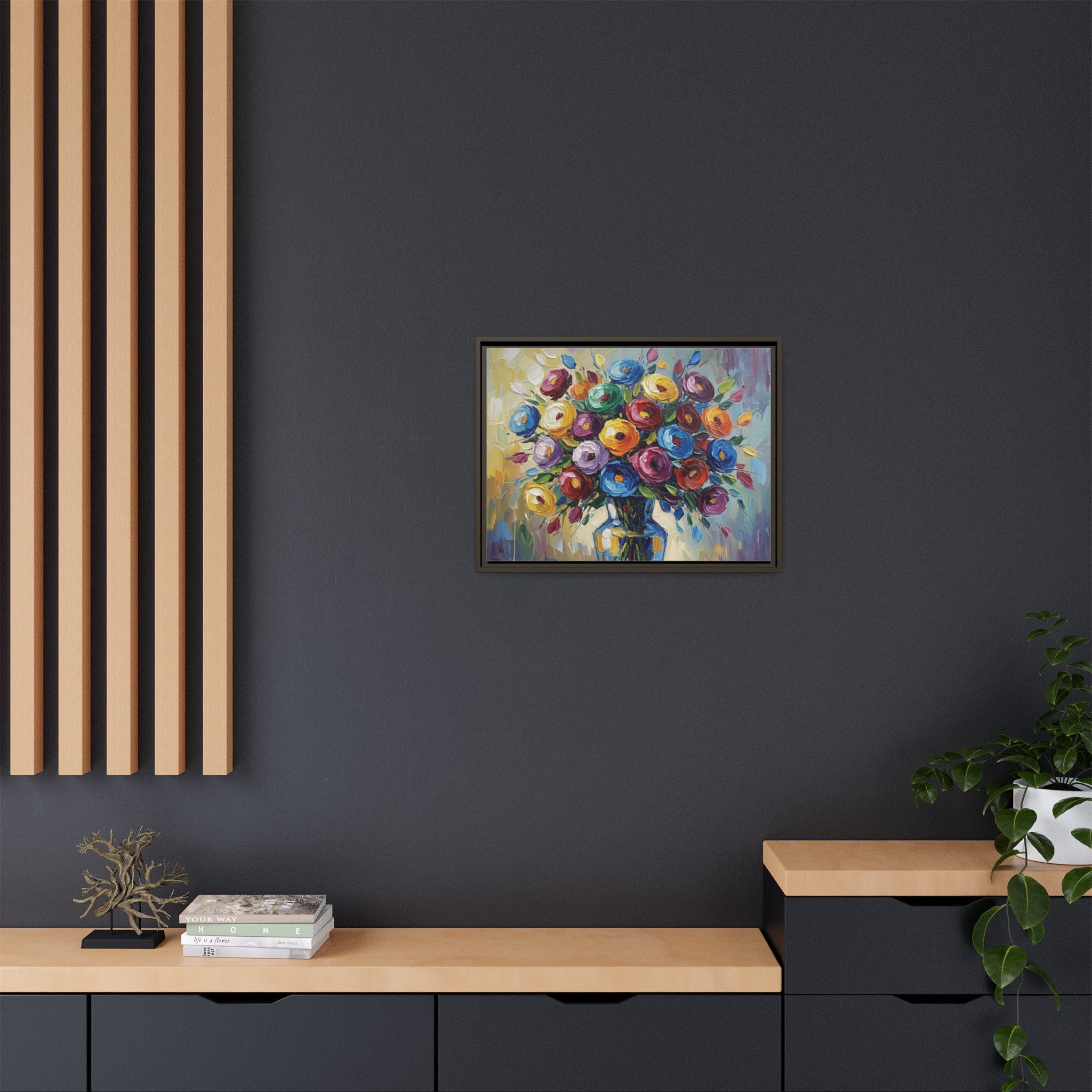 Impression sur toile bouquet floral aquarelle - Tableau mural encadré mat - Illusion de peinture à l'huile vibrante
