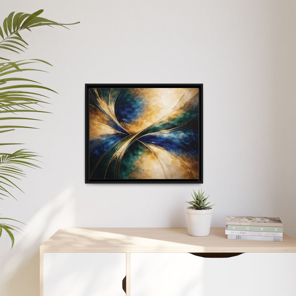 Gilded Convergence  Luxe NeoDeco Blue & Gold Abstract Wall Art Framed
