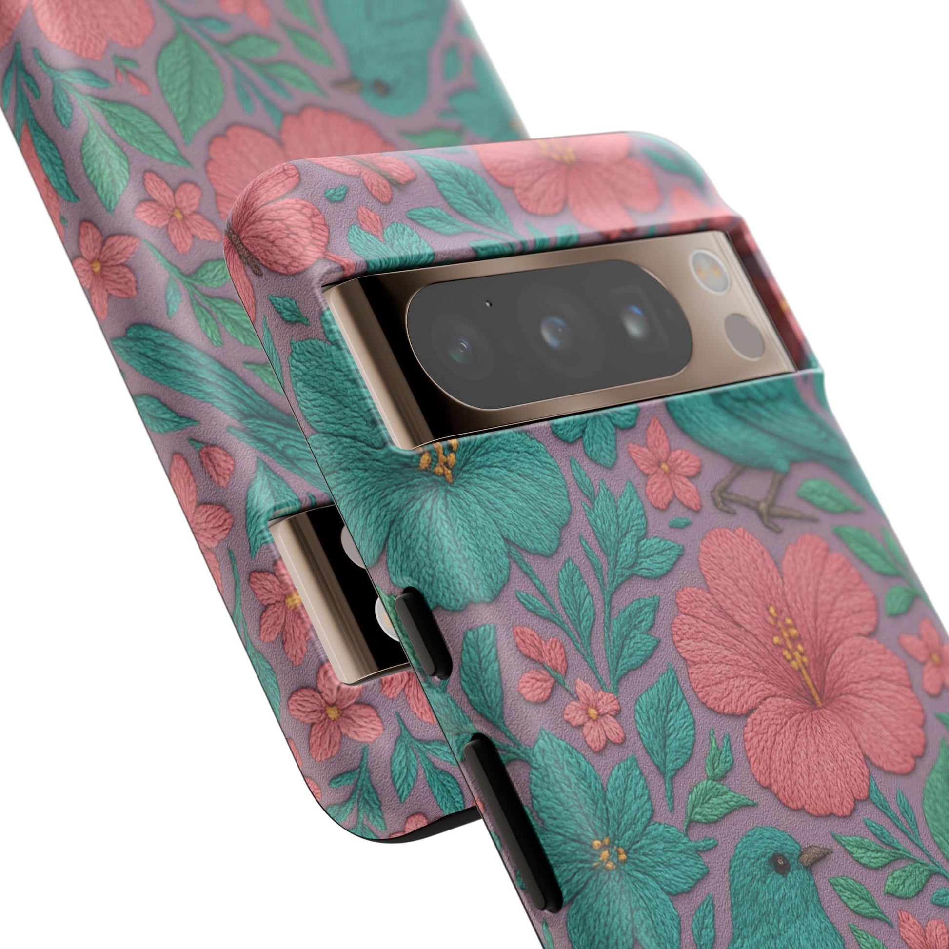 Turquoise, Pink and Lavender 3D Embroidery Illusion Phone Case Tropical Flowers, Birds & Butterflies Cover with Bold, Realistic Floral Texture iPhone, Samsung