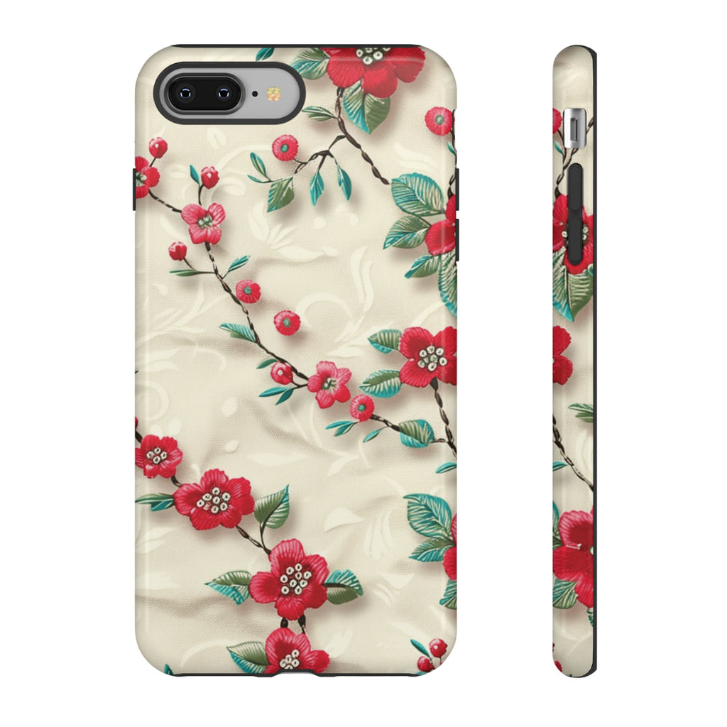 3D Embroidery Illusion Red Flowers Phone Case for iPhone, Samsung Pixel Artistic Floral Protection 15 14 13 12, 21 23 Gift for Her Perfect for Floral Lover
